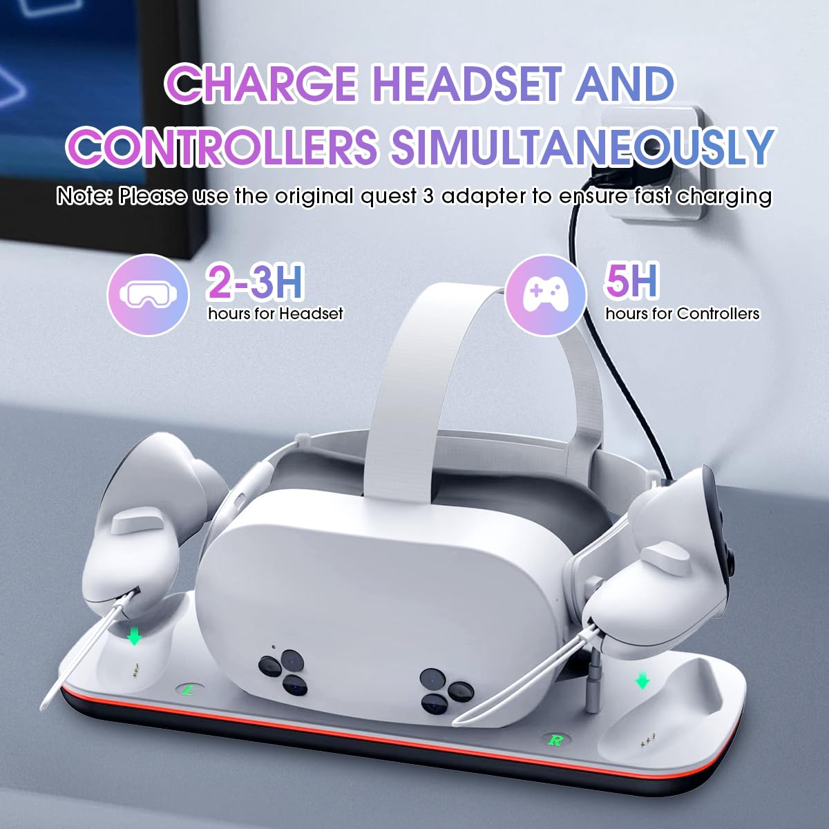 Moginno Magnetic Charging Dock for Meta Quest 3S/3 - VR Headset & Controller Charging Station with LED Indicator, 2 Rechargeable Batteries & Display Stand (White) - Perfect for Gaming, VR Entertainment & Device Organization