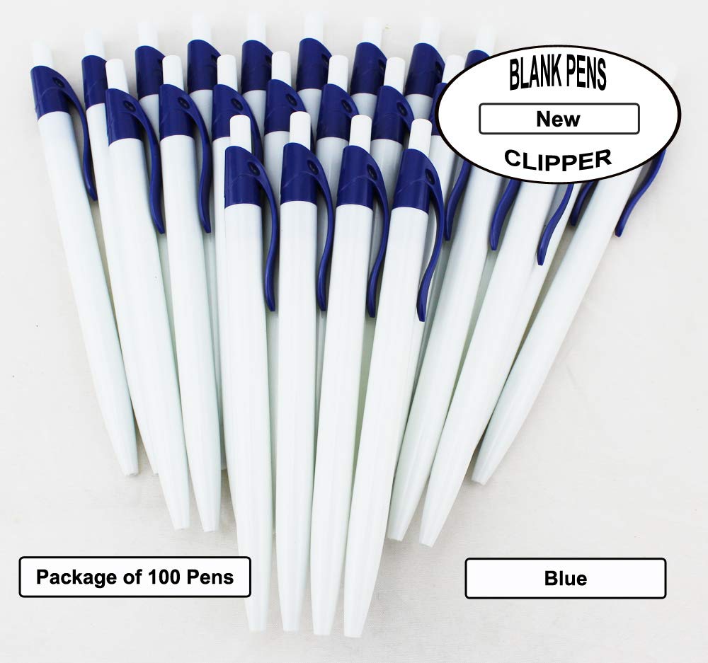 EZPENCILS & GIFTS - Bulk Blank White Body Pens with Black Ink & Blue Clip (100 Pcs) - Perfect for Offices, Schools, Events & Promotional Giveaways