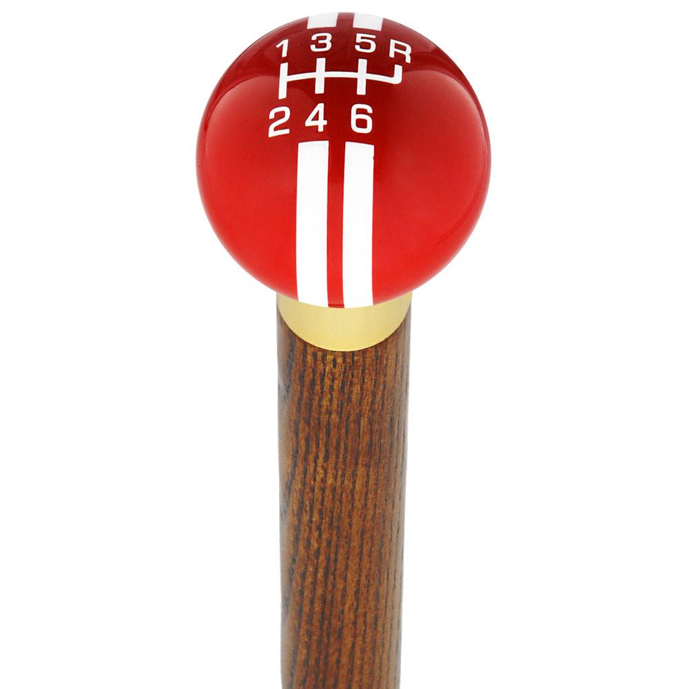 Red & White Rally Shift Round Knob Cane with Custom Wood Shaft & Collar - Perfect for Walking Support, Hiking, and Outdoor Adventures