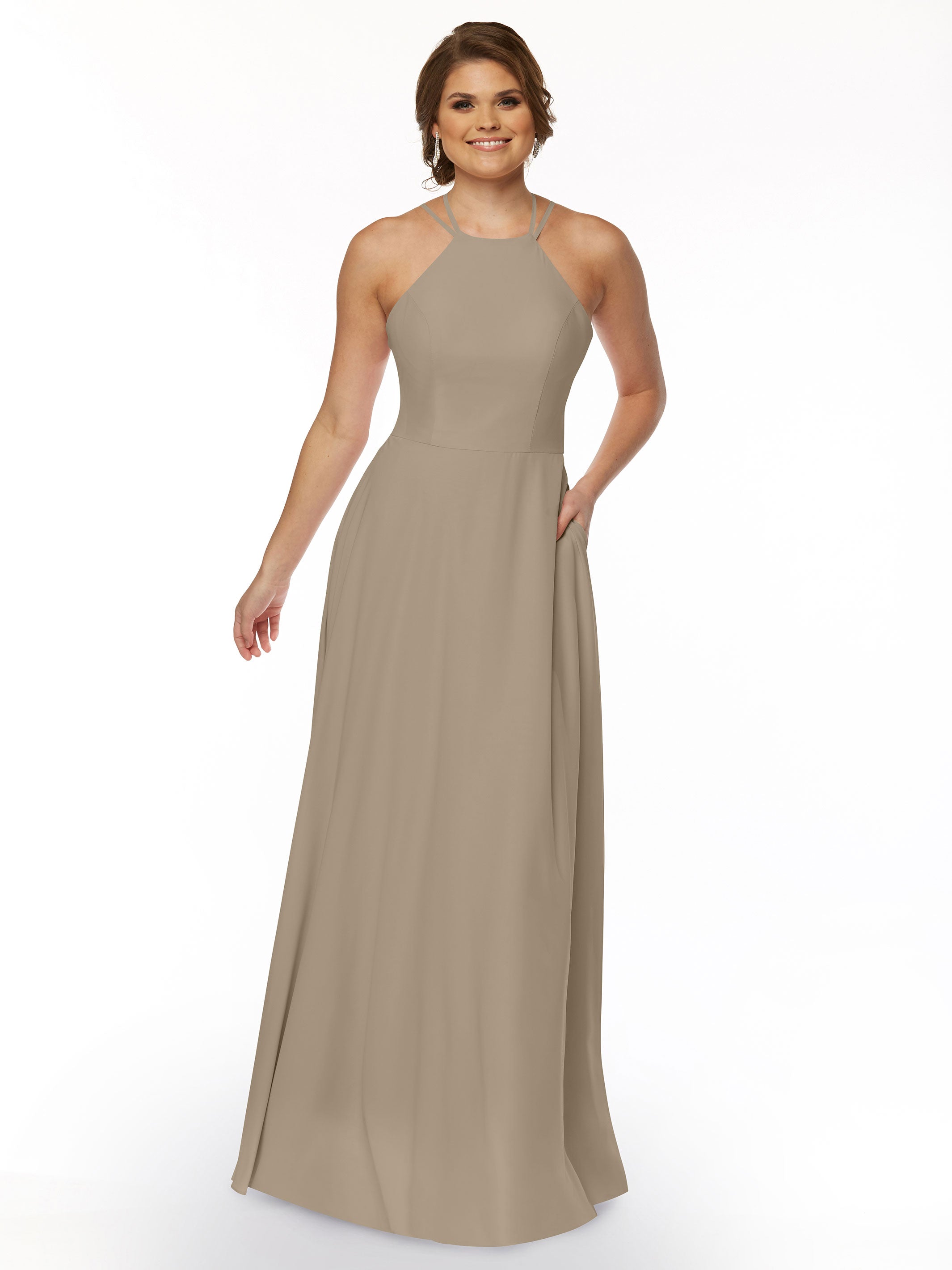 Elegant 83006 Stretch Chiffon A-Line Bridesmaid Dress with Halter Neckline - Perfect for Weddings, Formal Events & Special Occasions