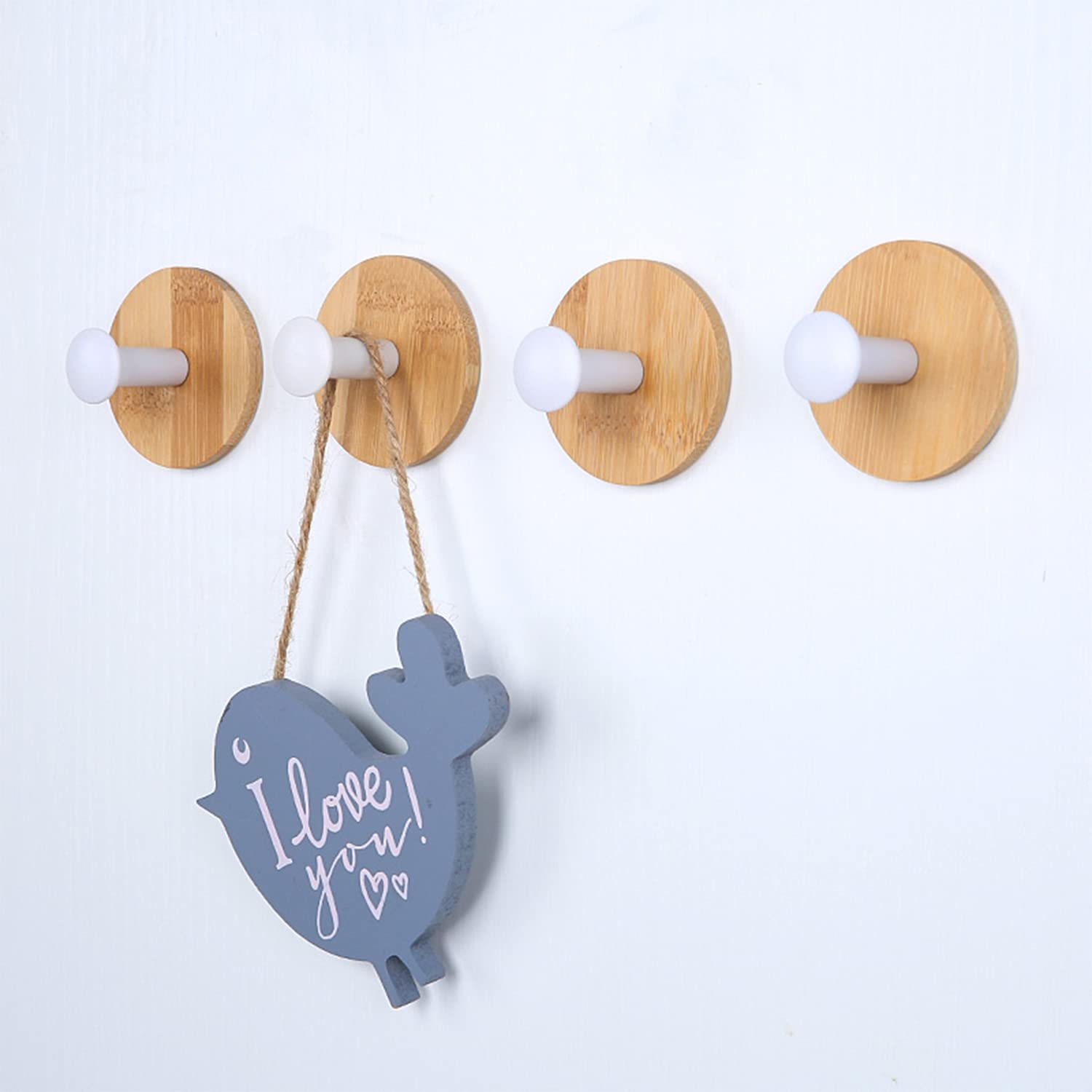 BeiLeiNiceHK Self Adhesive Hooks - 4 Pack Heavy Duty Reusable Bamboo Robe Hooks for Wall, No Drilling Seamless Hanging Solution - Perfect for Bedroom, Kitchen, Bathroom Organization (White) | Space Saving Home & Office Storage Solution