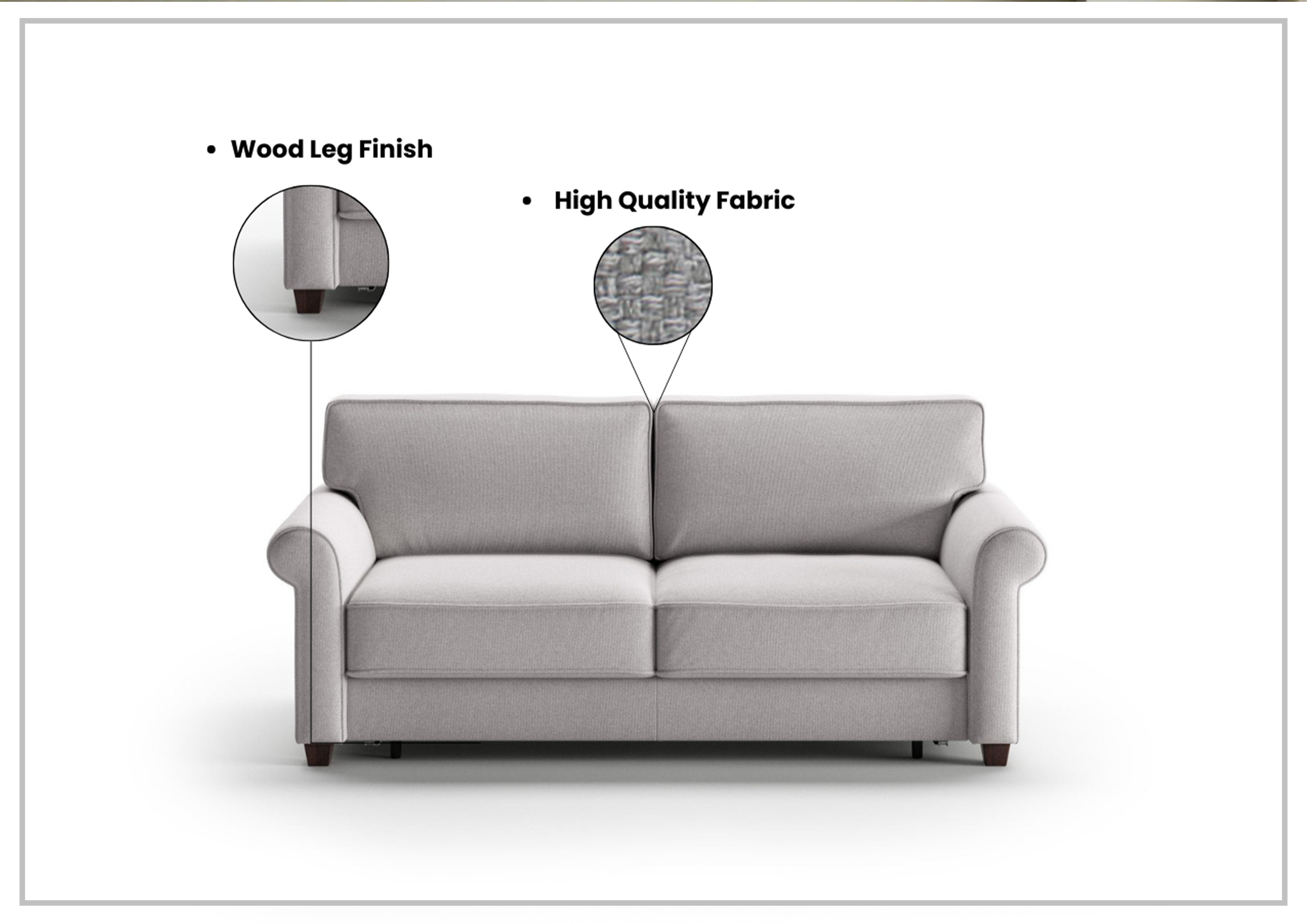 Luonto Casey Fabric Full XL Sleeper Sofa Bed with Walnut Leg Finish - Perfect for Guest Rooms, Small Apartments & Cozy Living Spaces