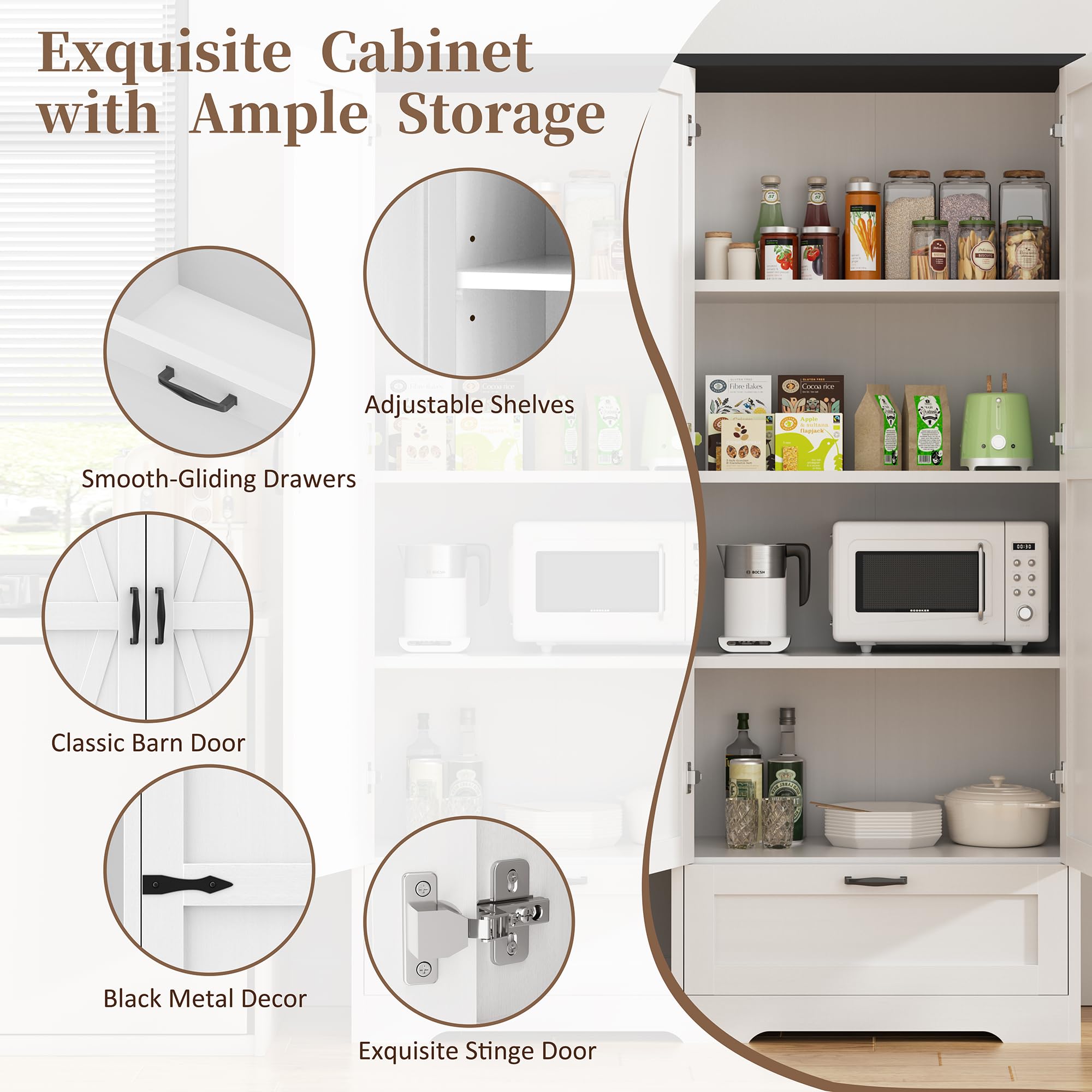 Shintenchi White Farmhouse Kitchen Pantry Cabinet - Freestanding Storage Cupboard with 4 Adjustable Shelves & 1 Drawer - Perfect for Organizing Kitchen, Dining Room, Bathroom or Living Room - Ideal for Storing Dishes, Linens, Towels & Home Essentials