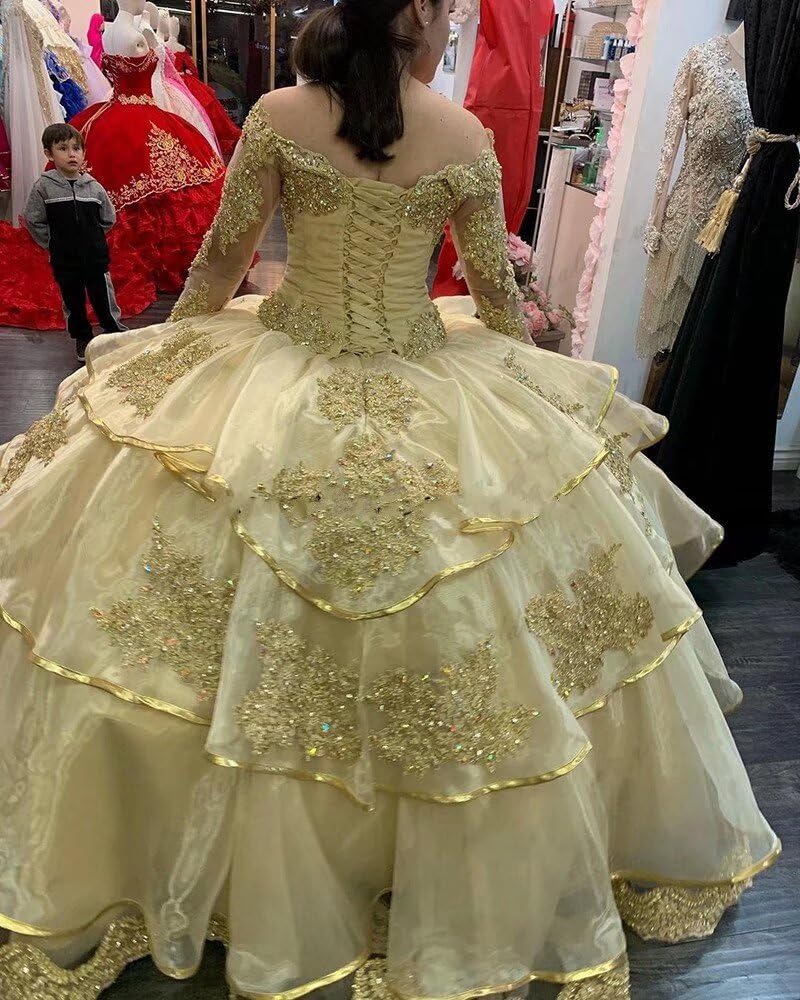 Elegant Gold Appliques Crystal Off-Shoulder Long Sleeve Quinceañera Dress - Ball Gown Prom Sweet 16 Formal Gown for Girls 2025 | Perfect for Quinceañeras, Prom Nights, Weddings & Special Occasions