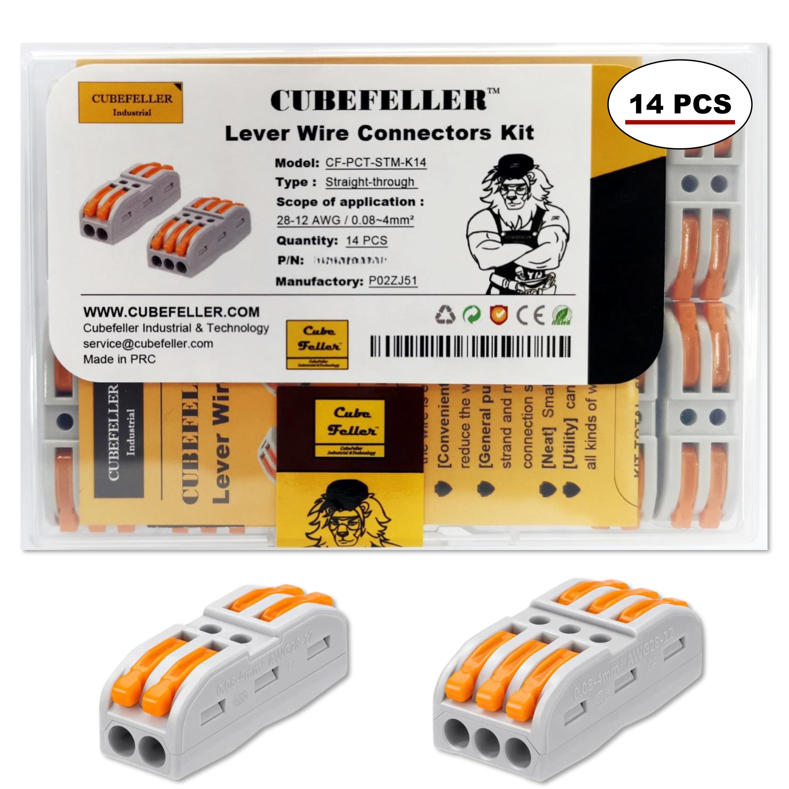 CUBEFELLER® 14pcs Lever Wire Connectors - Quick Connect Splicing for 24-12 AWG Solid & Stranded Wires | Compact Electrical Connectors for Home Wiring, DIY Projects & Electrical Repairs