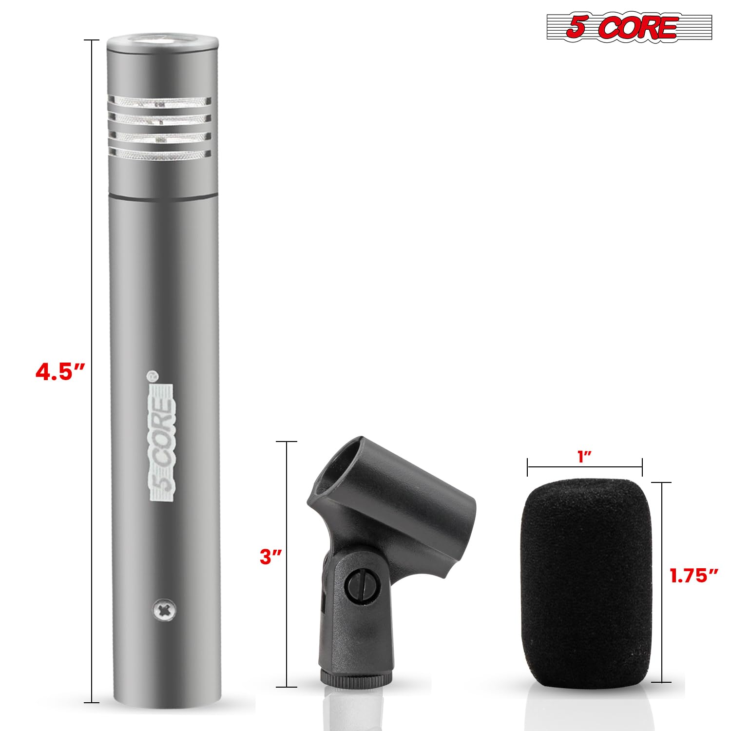 5 CORE Professional Condenser Microphone - Cardioid Unidirectional Pencil Mic for Studio Recording, Podcasting & Live Streaming (Includes Windscreen, Mic Clip & Case) - INSTRU MIC 300 Grey