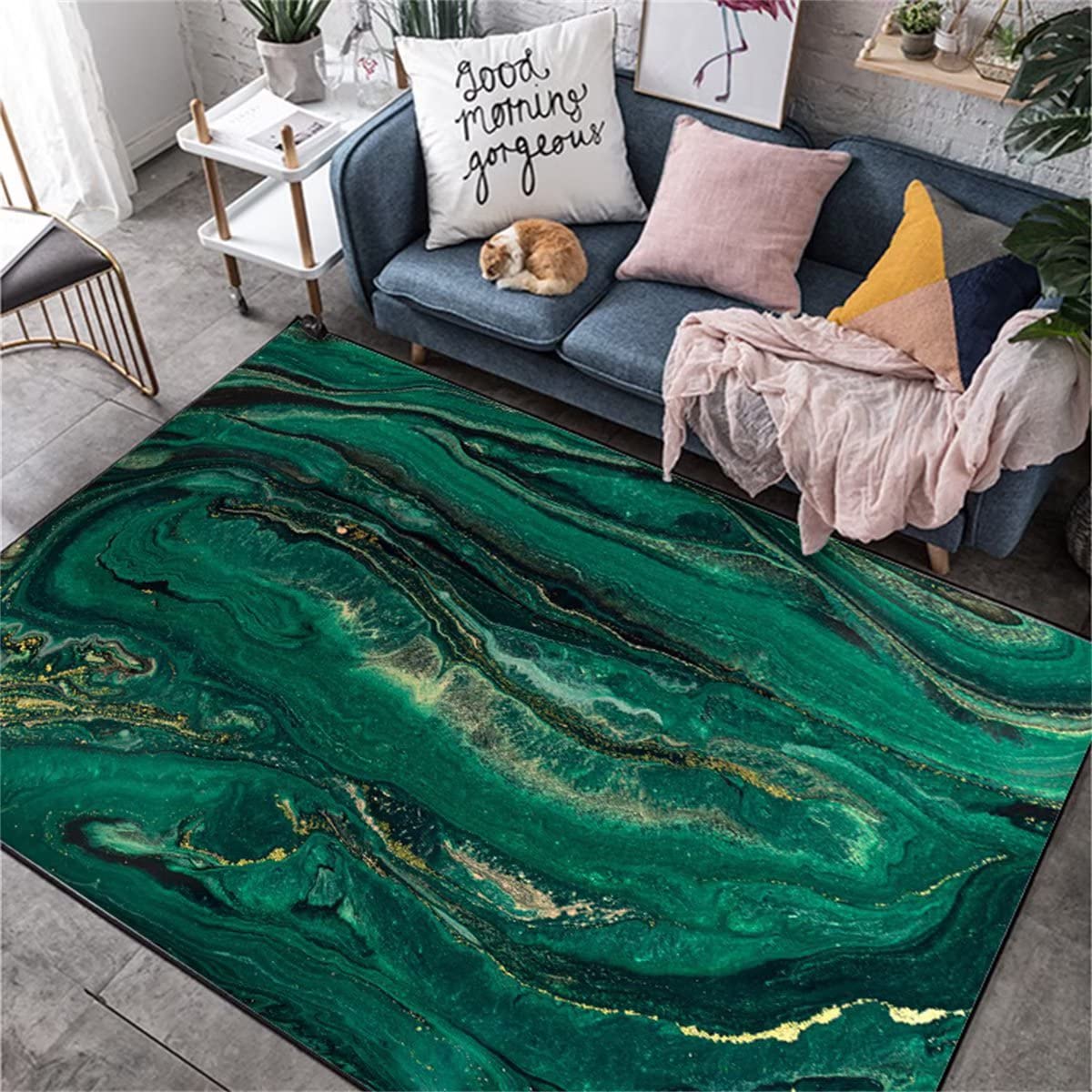 Modern Emerald Green Marble Area Rug 4'x6' - Non-Slip Kitchen & Dining Room Throw Rug, Soft Washable Indoor Carpet Pad for Home Decor | Perfect Under Table, Living Room & Bedroom Floor Mat