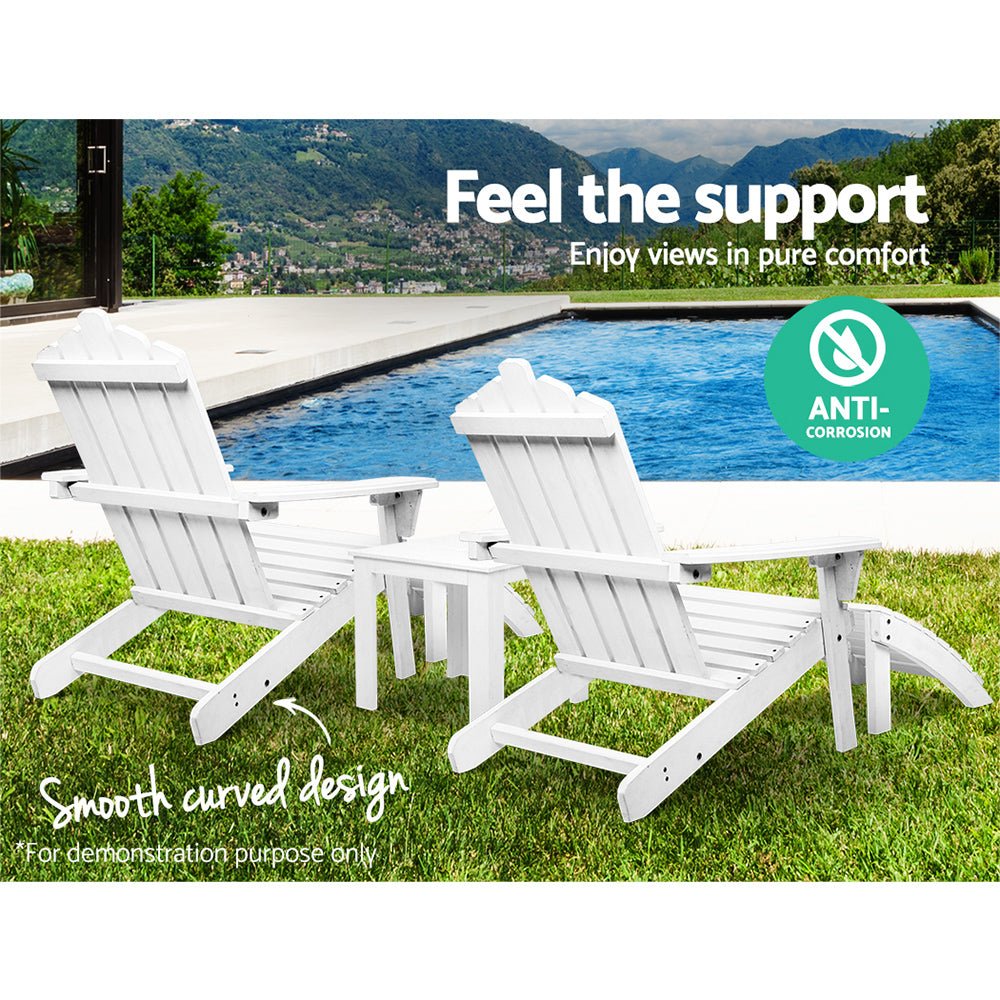 5-Piece White Wooden Adirondack Outdoor Table and Chairs Set - Patio Sun Lounge Furniture for Backyard, Garden, Poolside Relaxation