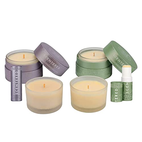 Scentered Aromatherapy Gift Set - Lavender Scented Candle & Balm Bundle for Sleep, Stress Relief & Relaxation | 4 Travel-Sized Candles (3oz) + 2 Balm Sticks | Perfect for Bedtime, Yoga, Meditation & Self-Care Routines