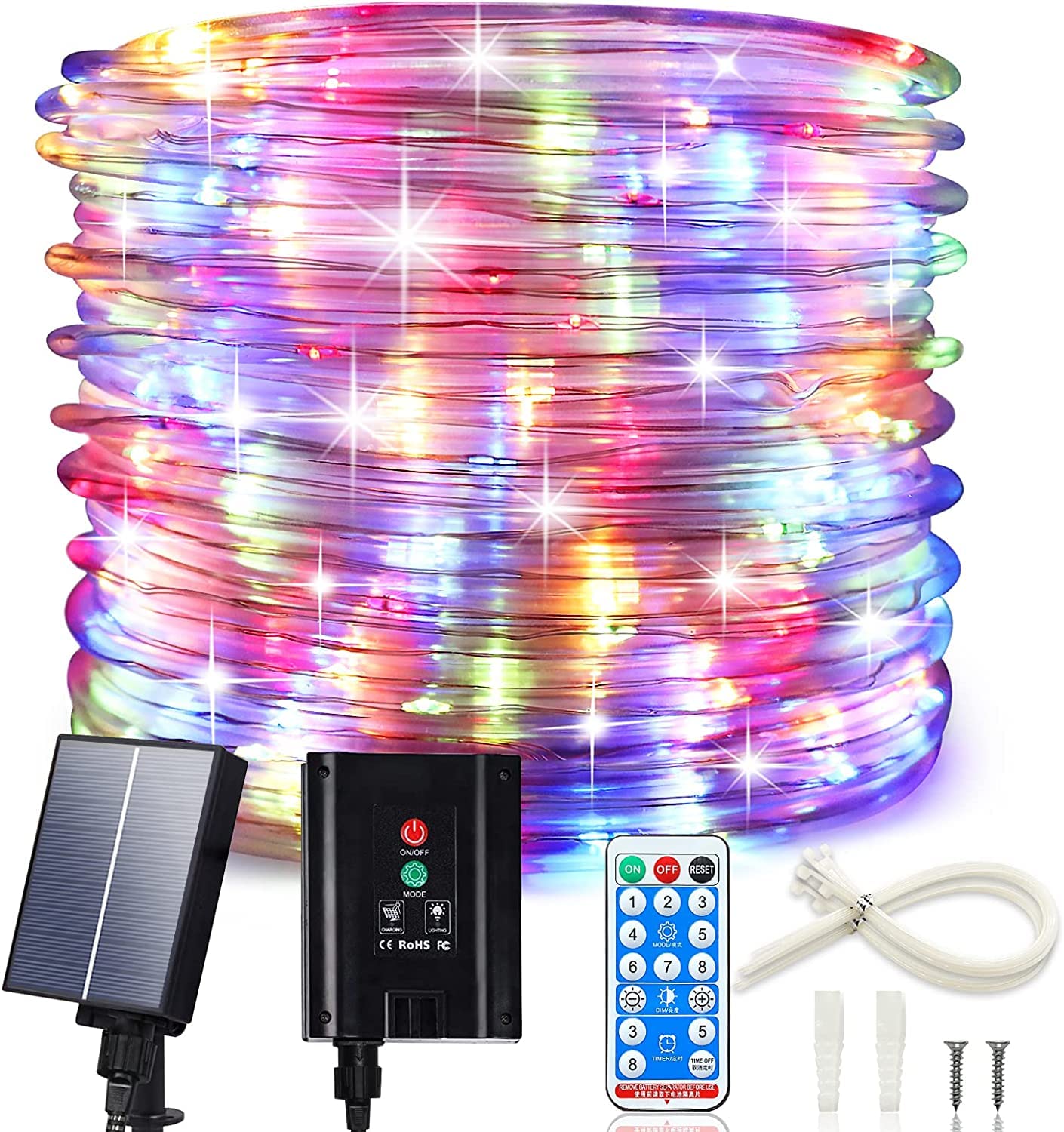 ICRGB 66FT 200LED Solar Rope Lights - IP67 Waterproof Outdoor String Lights with 1200mAh Battery, 8 Lighting Modes & Timer - Perfect for Trampoline, Camping Tent, Patio, Porch, Garden & Backyard Decor