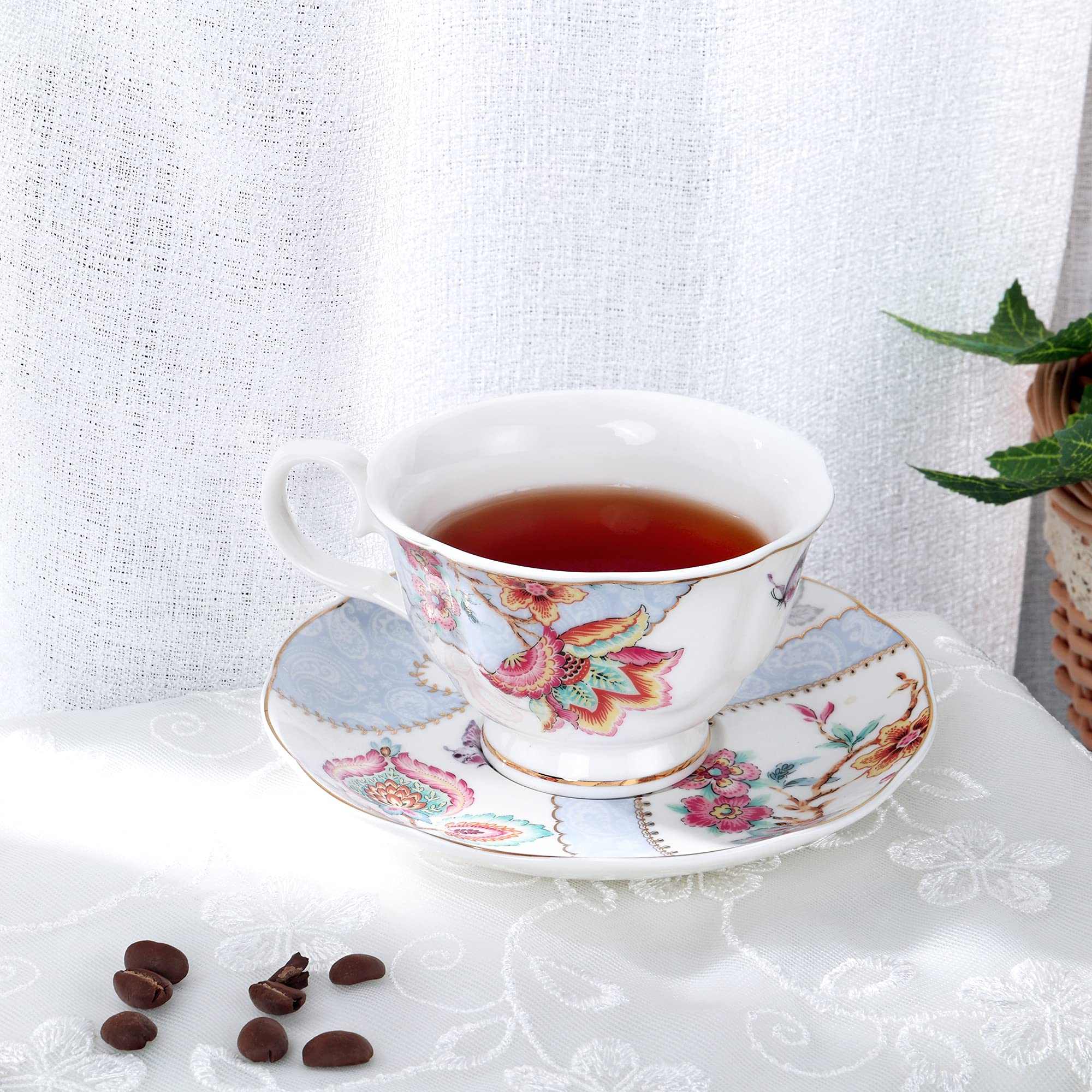 Fanquare Floral Coffee Cups Set of 6 (5 oz) - Porcelain Cappuccino Cups with Saucers - Elegant Tea Cups for Birthday, Wedding & Party - Purple - Perfect for Afternoon Tea, Coffee Break & Home Decor