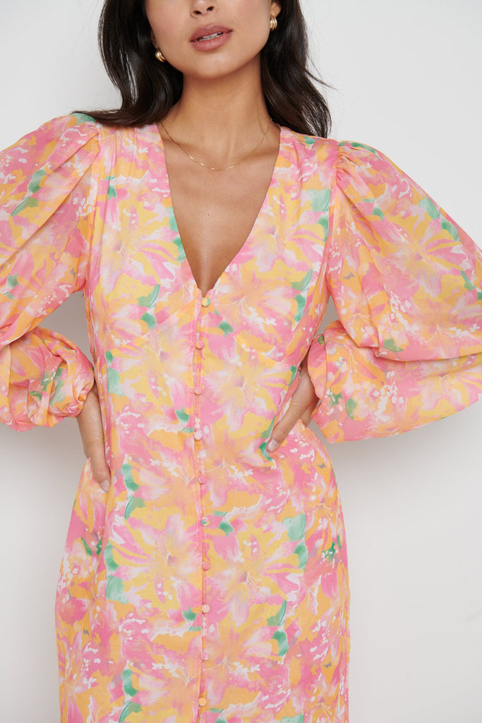 Naya Midaxi Dress for Women - Floral Print, Orange & Pink, Boho Summer Maxi Dress - Perfect for Beach, Vacation, and Casual Outings