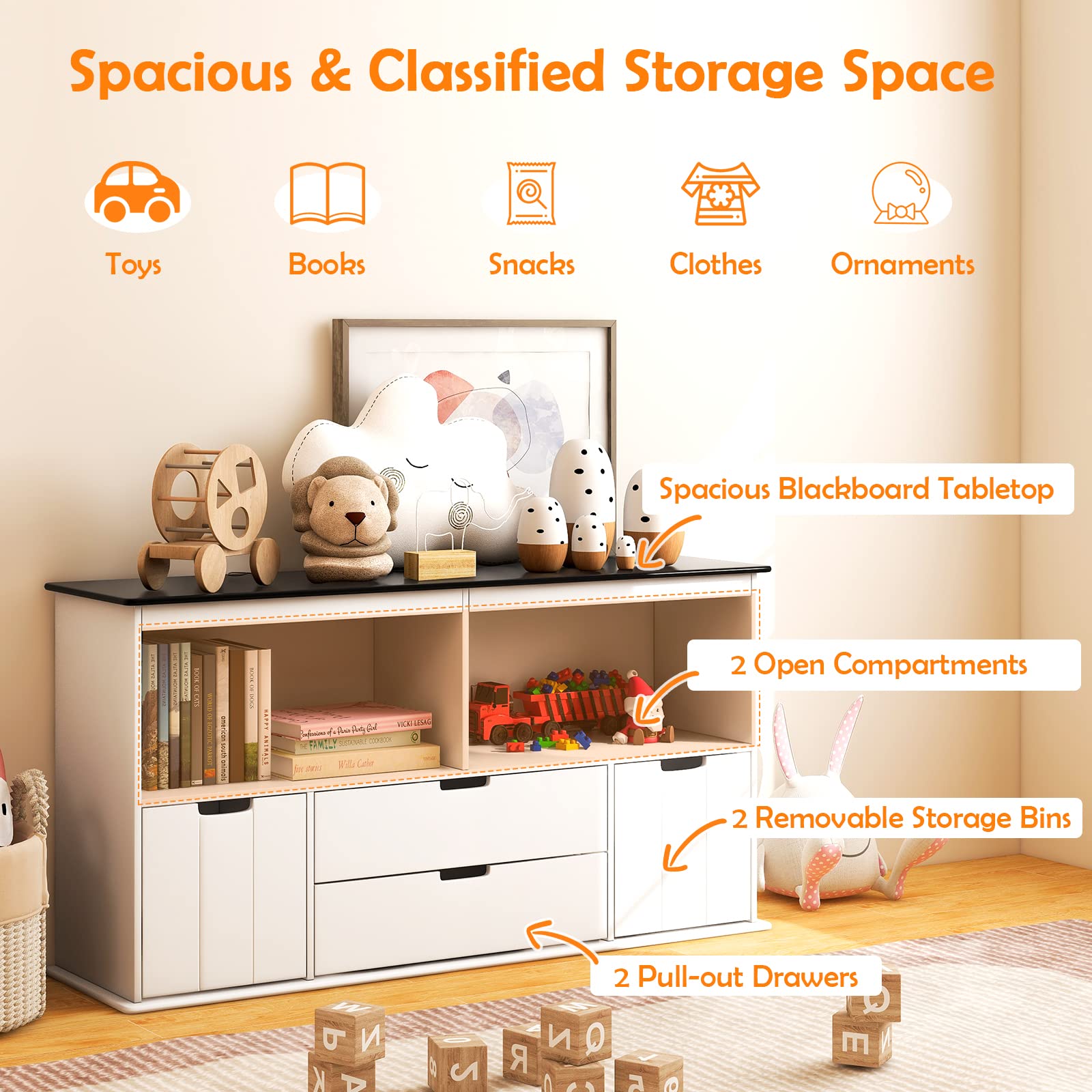 Costzon Kids Toy Organizer & Storage Cabinet with Blackboard - 4 Drawers, 2 Cubbies, Bookshelf for Playroom, Nursery, Living Room - White | Perfect for Organizing Toys, Books & Art Supplies in Daycare, Preschool & Home