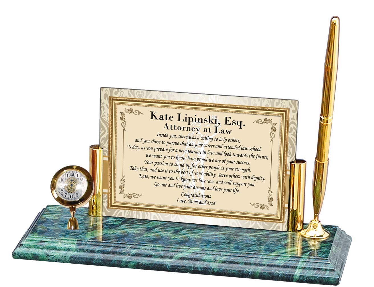 Personalized Poetry Clock & Pen Set - Unique Lawyer Graduation Gift for Law School, Bar Exam Passing, Attorney Office Decor - Elegant Marble & Brass Desk Clock for Legal Professionals - Perfect for Office, Study, or Home Decor
