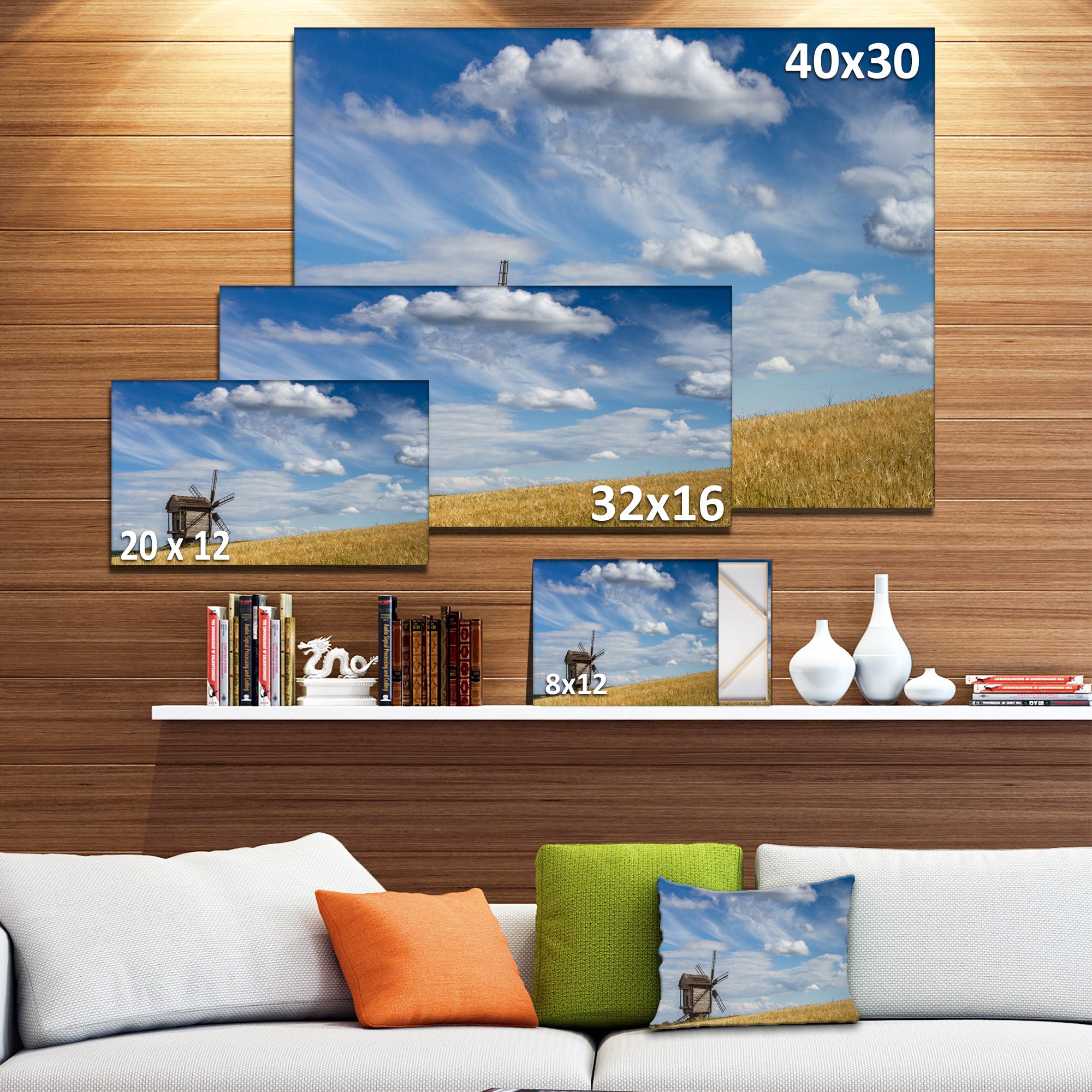 Cloudy Sky and Windmill Summer Landscape Canvas Art Print - Wall Decor for Living Room, Bedroom & Office