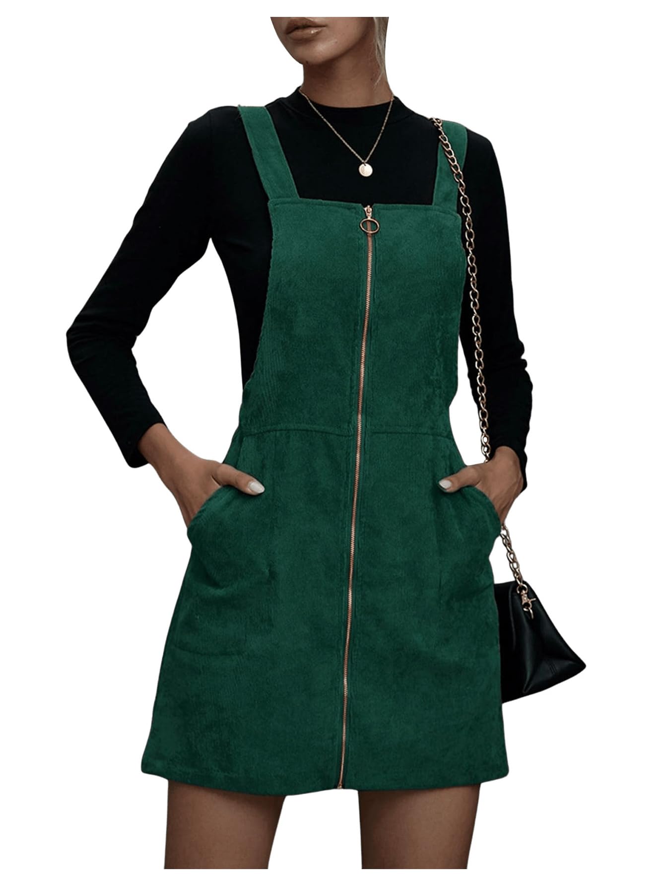 Floerns Women's Corduroy Zip-Front Pinafore Dress with Pockets - Rust Brown | Casual Outfit, Fall Fashion, Workwear, Vintage Style Dresses