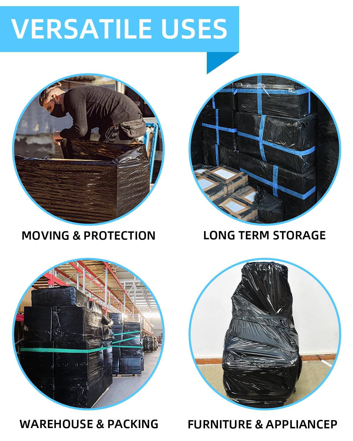 18 Inch Black Heavy Duty Stretch Wrap Roll - 1500ft 80 Gauge Industrial Strength Plastic Pallet Wrap for Shipping, Moving & Storage (4 Pack) - Perfect for Warehouse, Logistics & Home Use