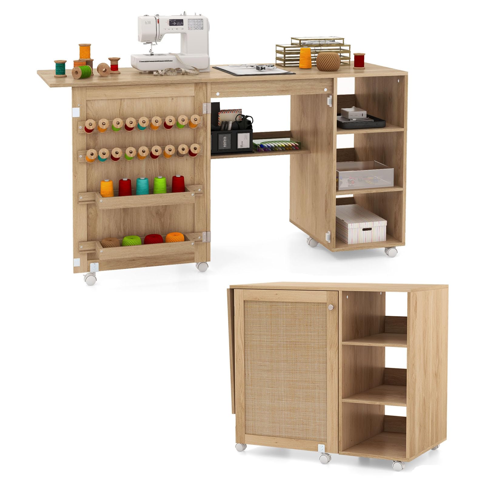 COSTWAY Rattan Sewing Machine Table with Storage - Foldable Craft Desk with Lockable Wheels, 18 Pegs, 2 Bins & Side Cabinet - Perfect for Sewing, Crafting & Home Office in Living Room or Bedroom