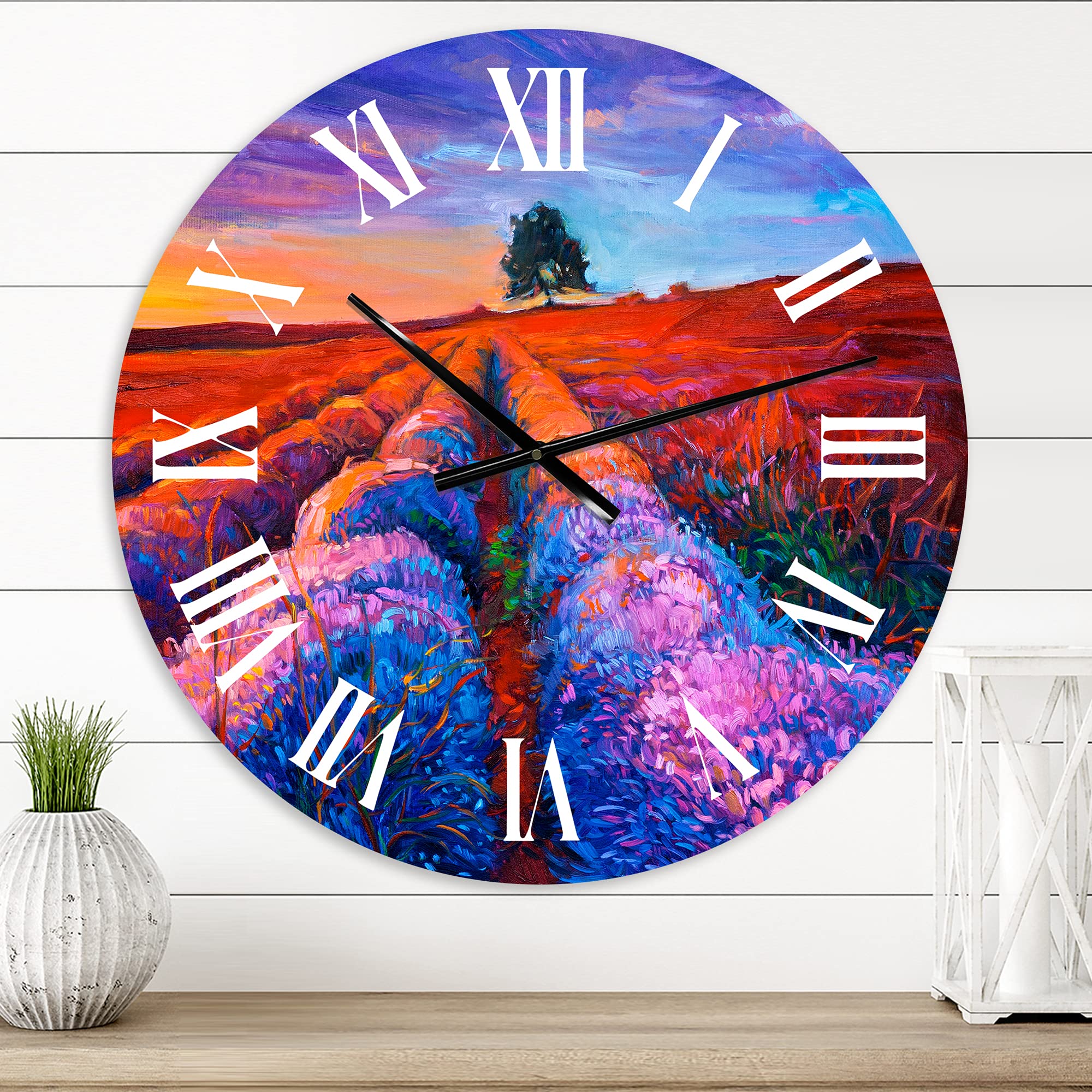 DesignQ Farmhouse Wall Clock - Large Lavender Fields Landscape with Distant Tree & Sunset Glow - Rustic Home Decor for Living Room, Bedroom & Kitchen