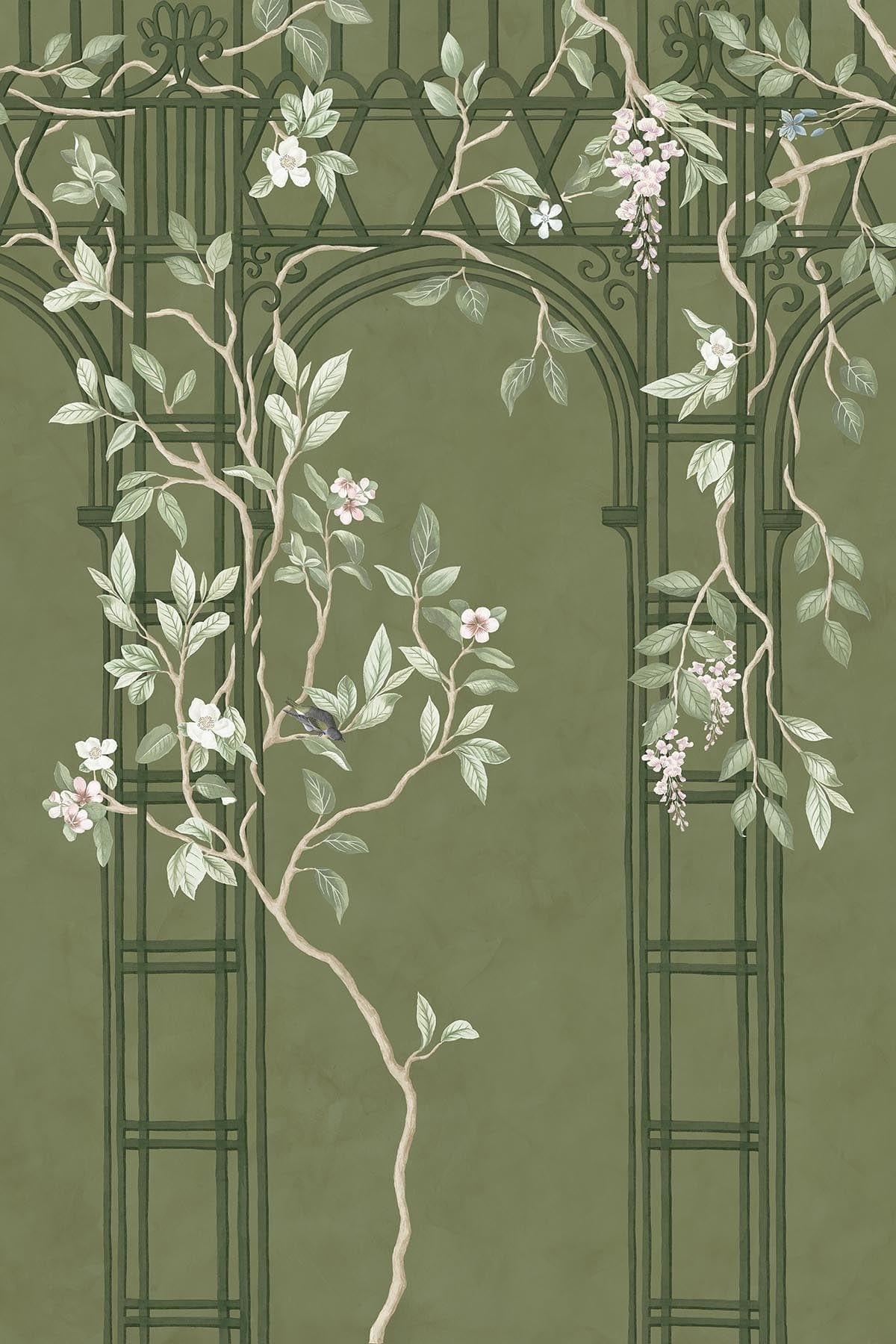 Chinoiserie Arches Dark Green Wallpaper - Elegant Botanical Peel and Stick Wall Mural for Living Room, Bedroom & Home Decor | Perfect for Accent Walls, Feature Walls & DIY Home Improvement