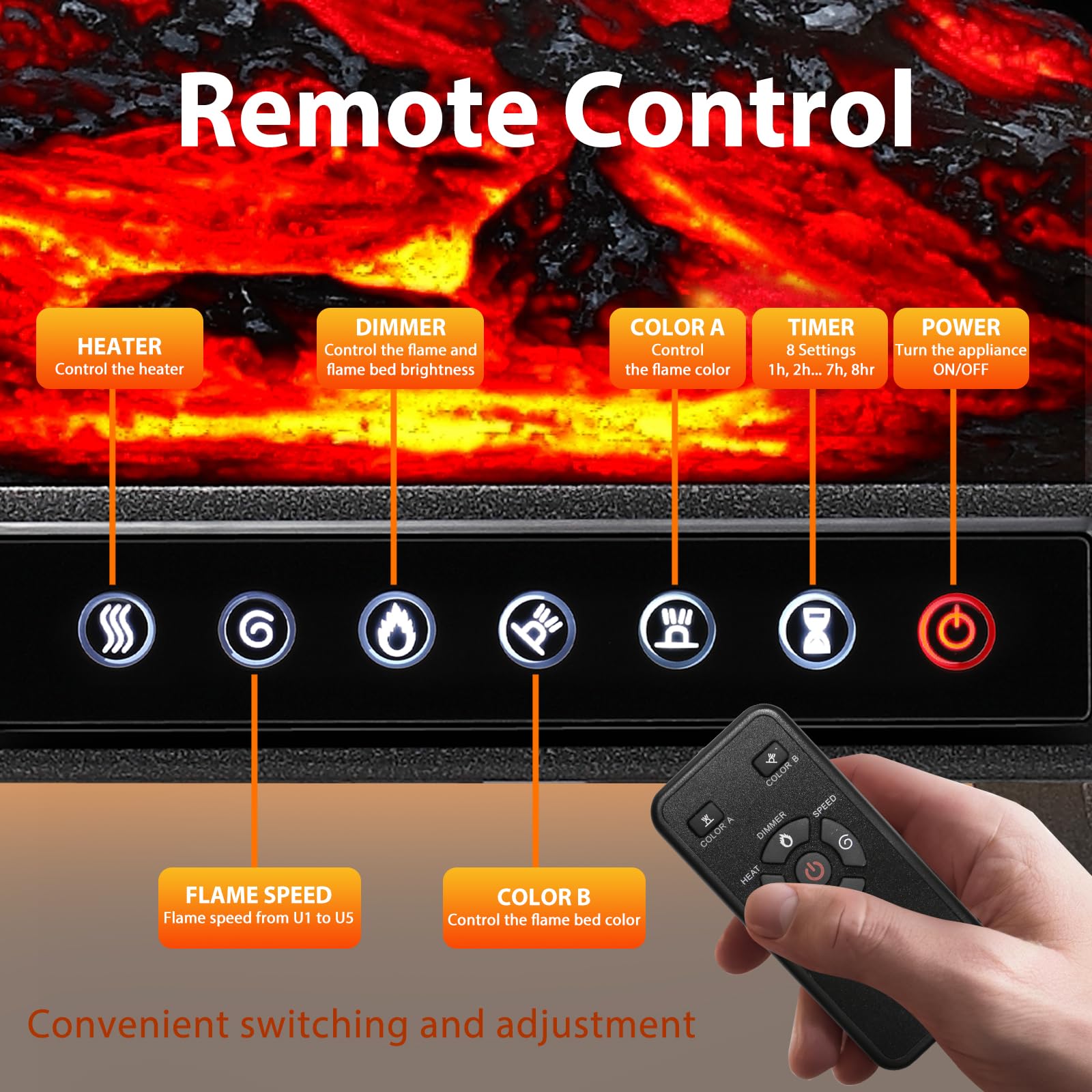 ZAFRO 24-inch Electric Fireplace Heater - 5100 BTU Freestanding Portable Stove with Remote Control & Timer, Adjustable Flame Colors (500W/1500W) - Black - Perfect for Bedroom, Living Room & Office Heating