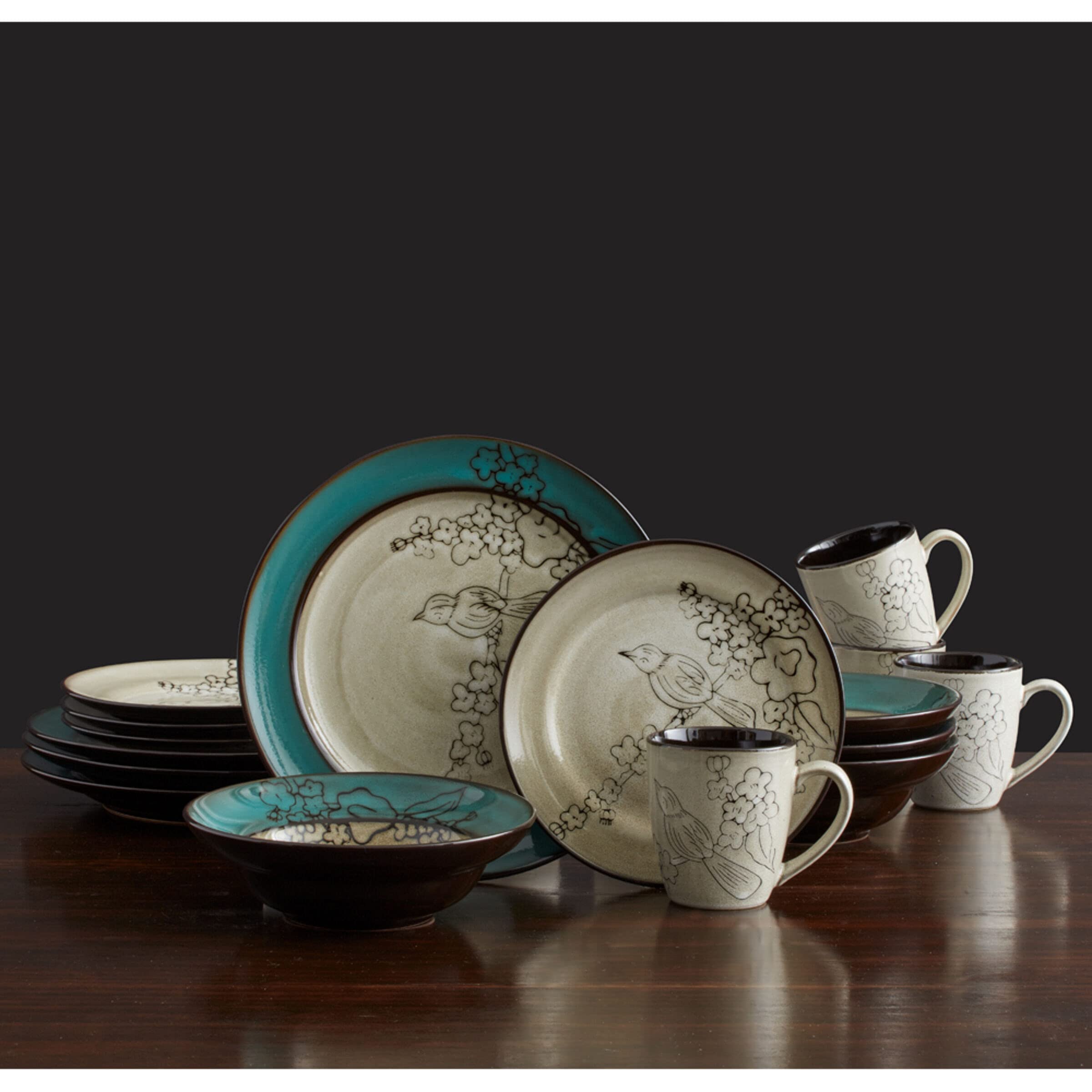 Song Bird Dinnerware Set - 16 Piece Porcelain Dinner Plates, Bowls, Cups & Saucers - Elegant Floral Design for Dining, Parties & Home Decor