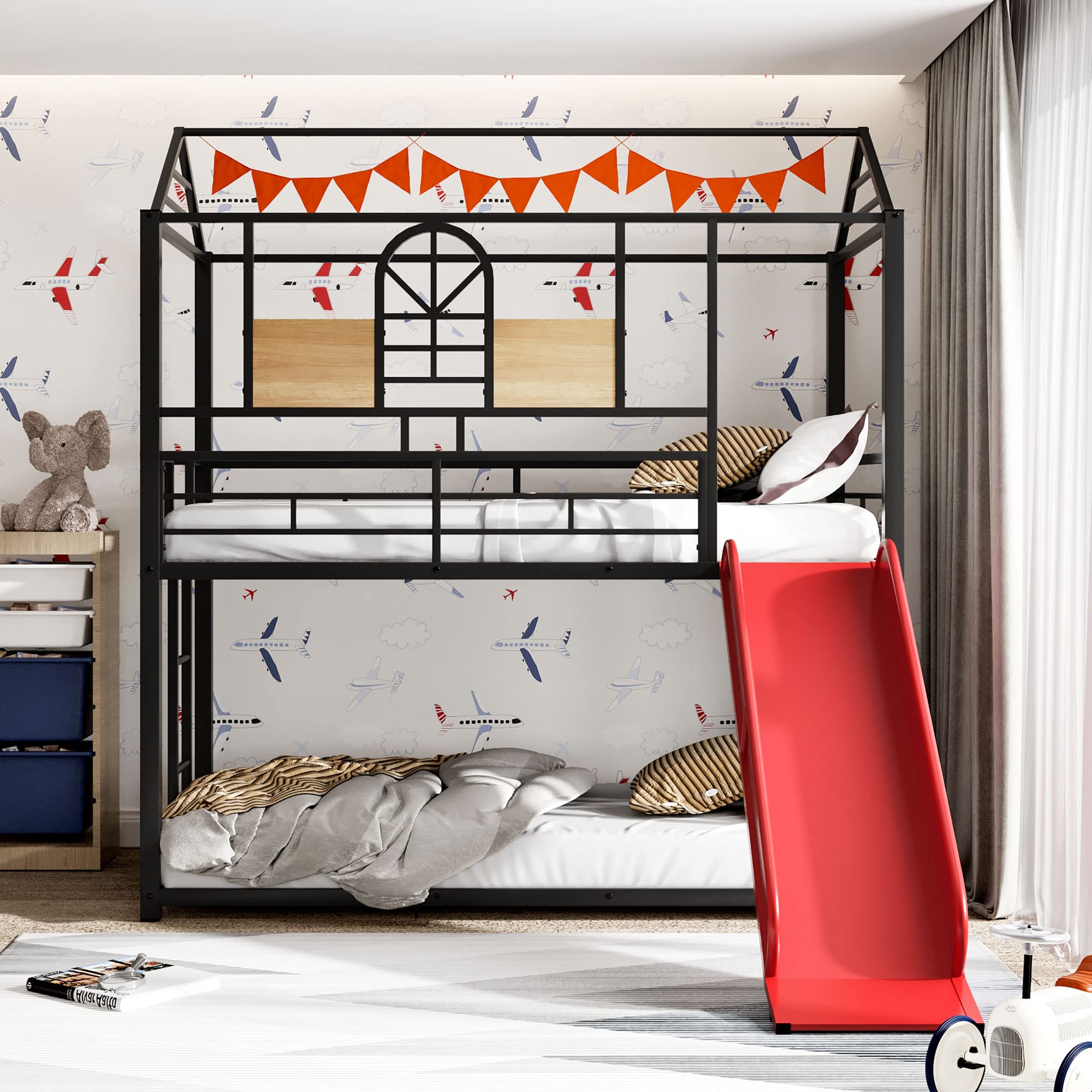 Metal Twin Over Twin Bunk Bed Frame for Kids & Toddlers - Low Profile Cabin Style with Ladder & Fun Slide - No Box Spring Needed (Black/Red) - Perfect for Small Bedrooms, Shared Kids' Rooms & Vacation Homes