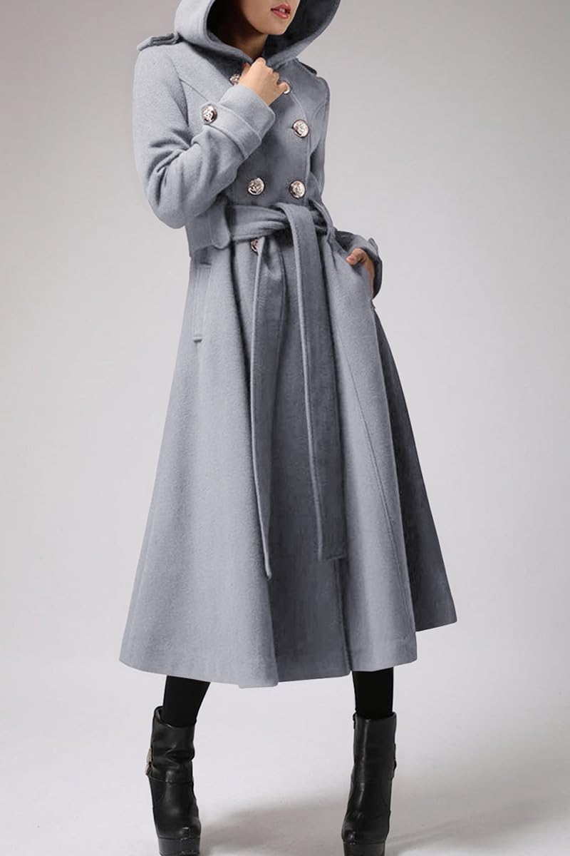 Women's Long Double-Breasted Hooded Wool Trench Coat with Belt - Winter Warm Pea Coat for Women - Perfect for Office, Travel & Cold Weather Fashion