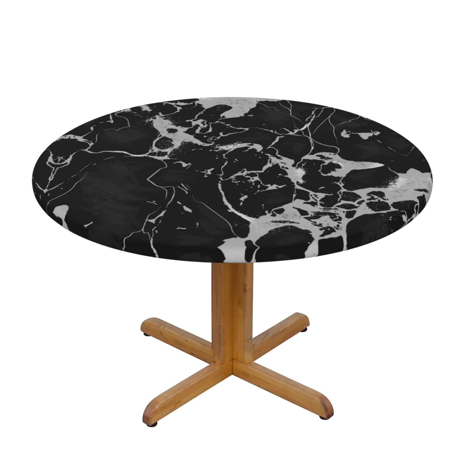 Fiokroo Black Marble Texture Elastic Edge Round Tablecloth - Washable & Reusable Table Cover for Kitchen, Dining, Party, Picnic (Small) - Perfect for Indoor and Outdoor Gatherings