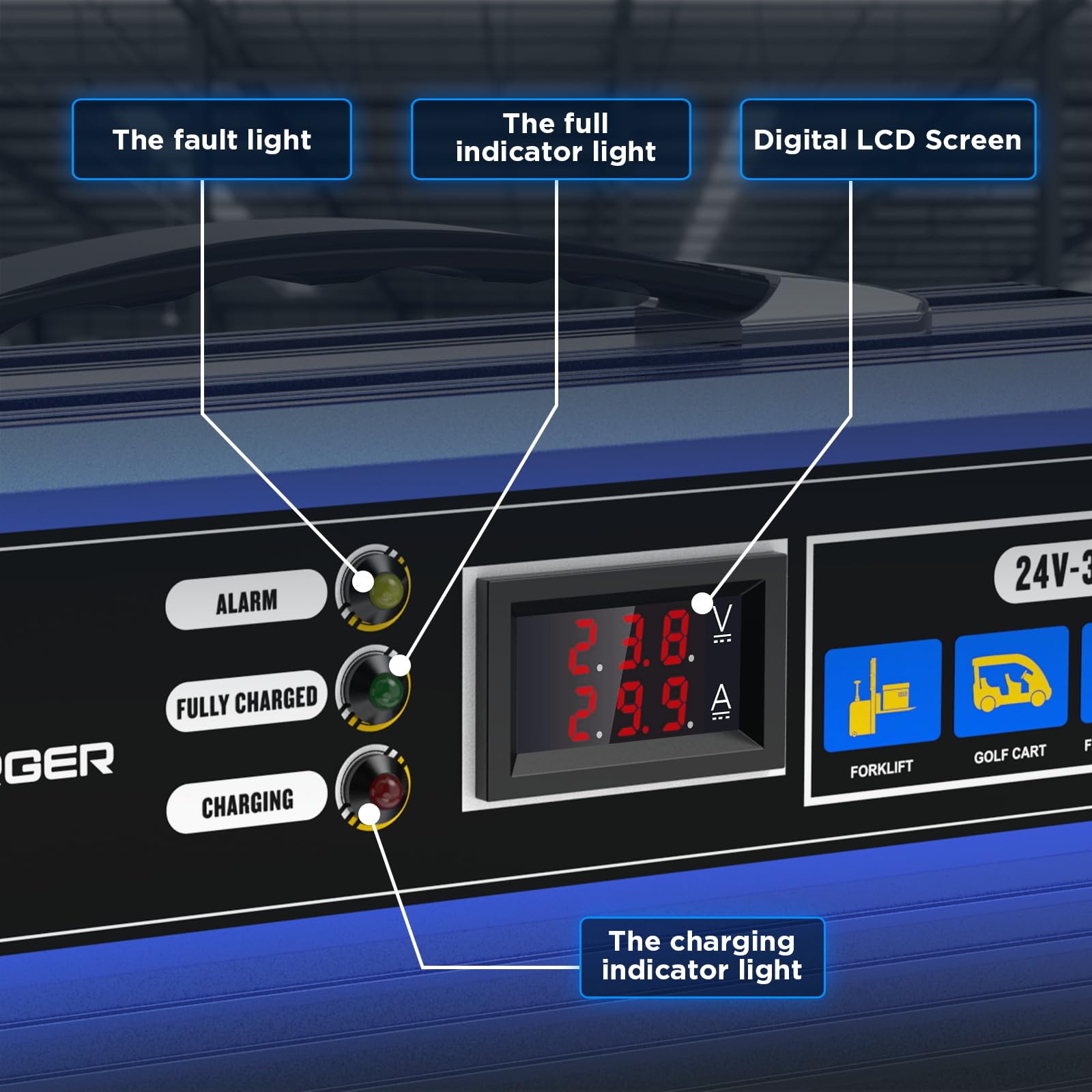AUTOOL 24V 30A Smart Forklift Battery Charger - Fully Automatic for Electric Pallet Jacks, Forklifts & Club Cars - LCD Display & Cooling Fan - Ideal for 200AH-300AH Lead-Acid Batteries - Perfect for Warehouses, Distribution Centers & Industrial Charging Stations