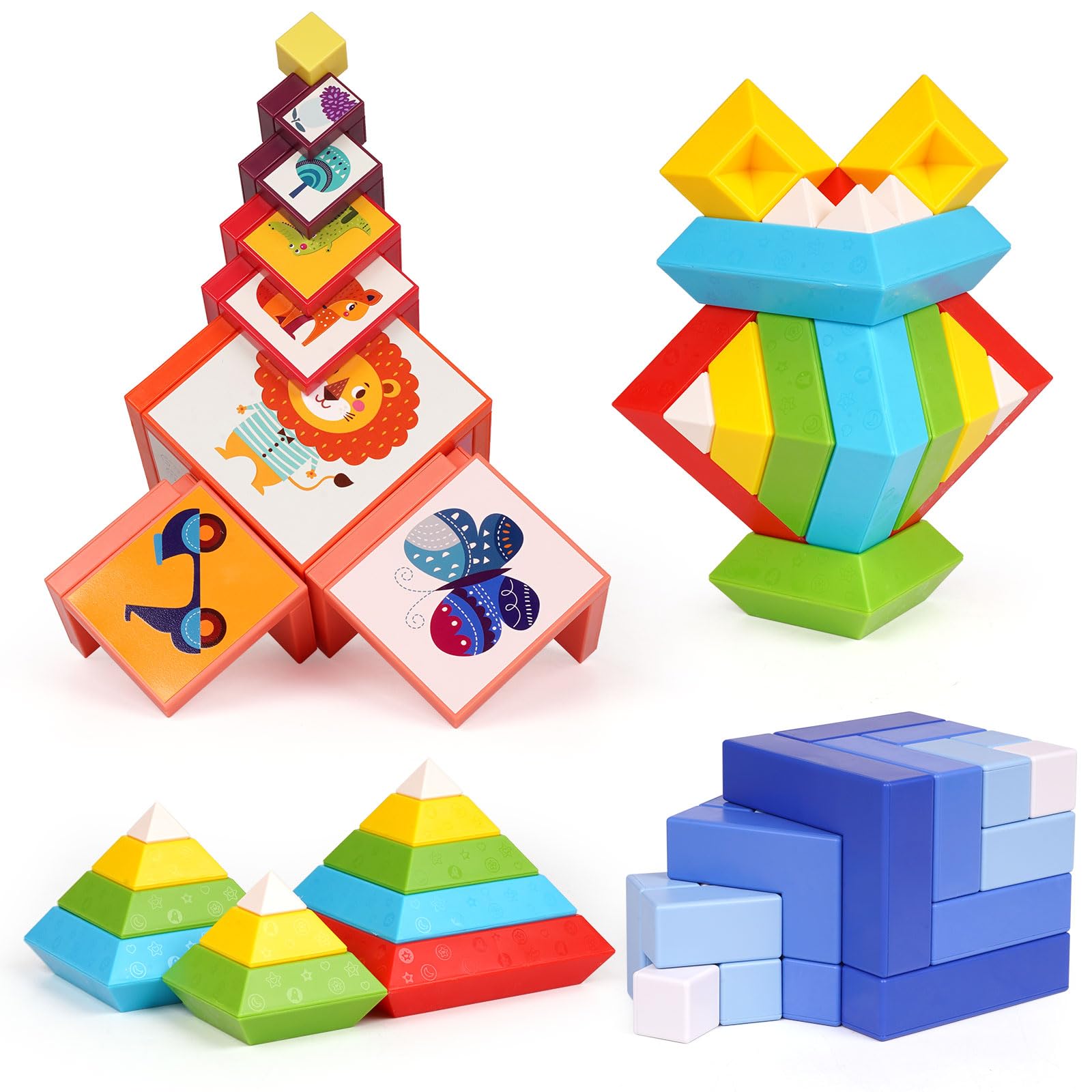 Agirlgle 3-in-1 Stacking Building Blocks - Montessori Educational Toys for Toddlers | STEM Sensory Learning Pyramid, Changing Cube & Puzzle Geometric Blocks | Preschool Activities, Birthday Gifts for Kids | Perfect for Classroom, Daycare & Home Playtime