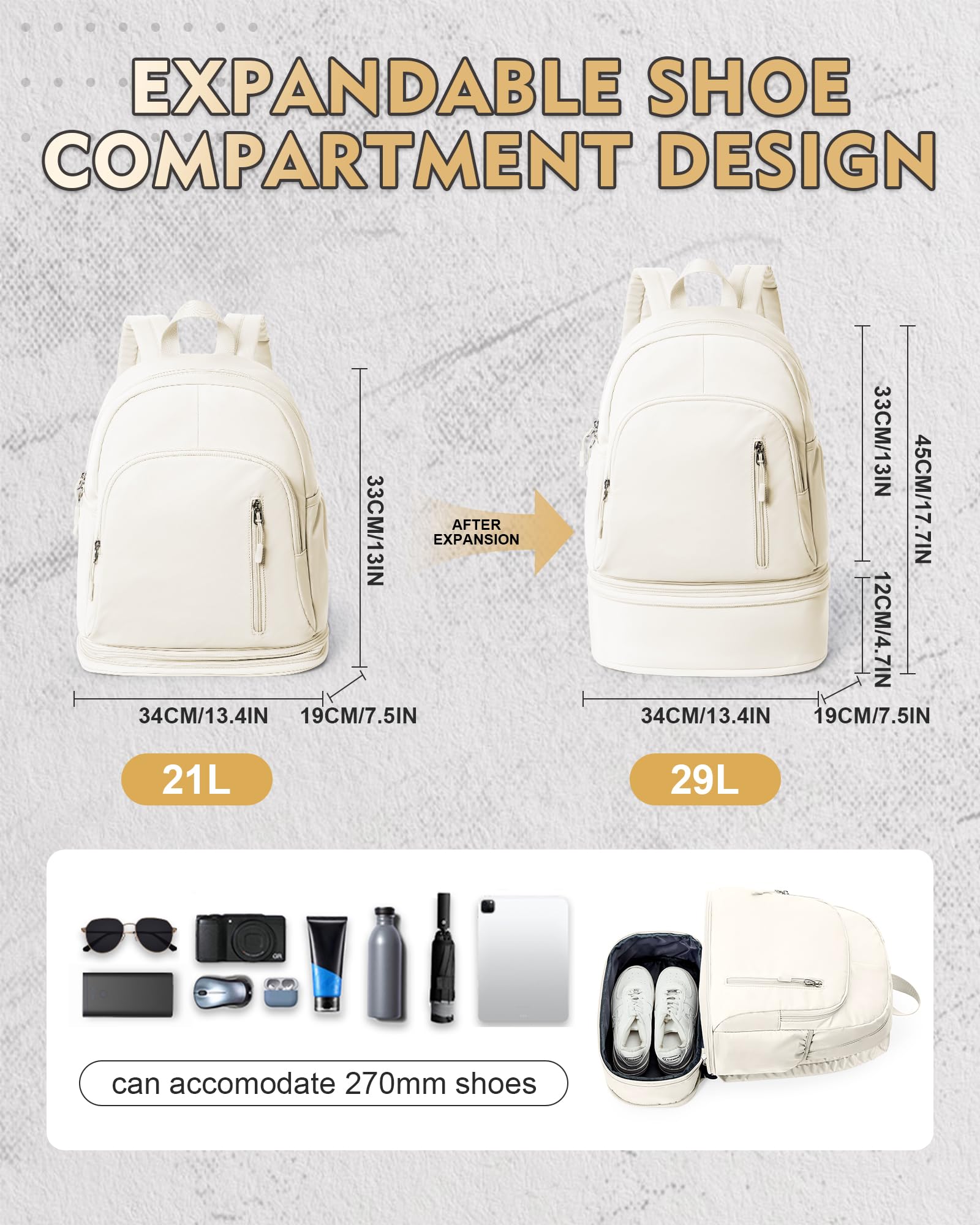Lightweight Waterproof Gym Backpack for Women & Men - Sports Bag with Shoe Compartment & Wet Pocket - Perfect for Yoga, Fitness, Workouts & Travel - Beige