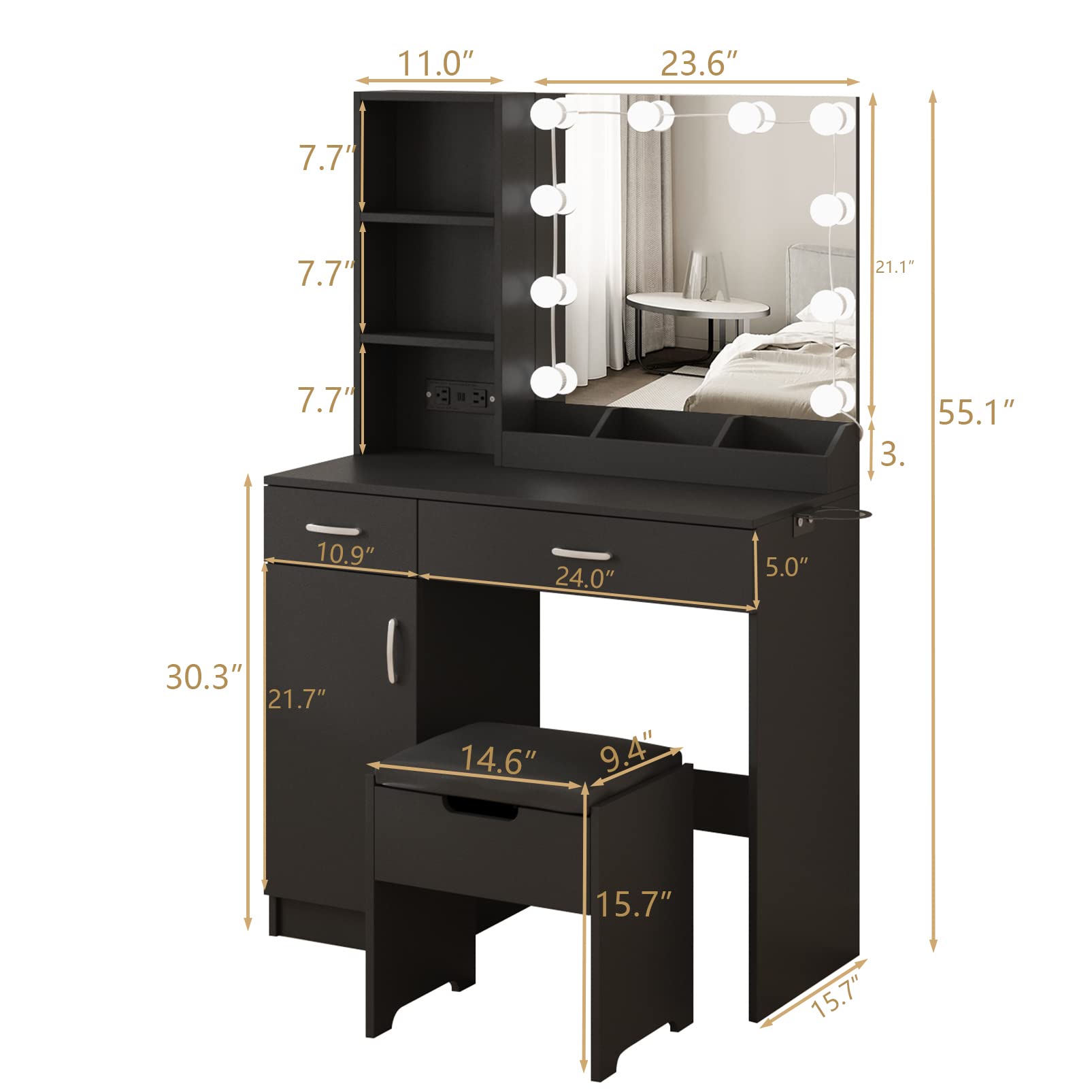 Fameill Black Makeup Vanity Desk with LED Lighted Mirror & Power Strip, 2-Drawer Vanity Table Set with Storage, 3 Adjustable Lighting Colors, 35.4 Inch - Perfect for Bedroom, Dressing Room & Home Beauty Station