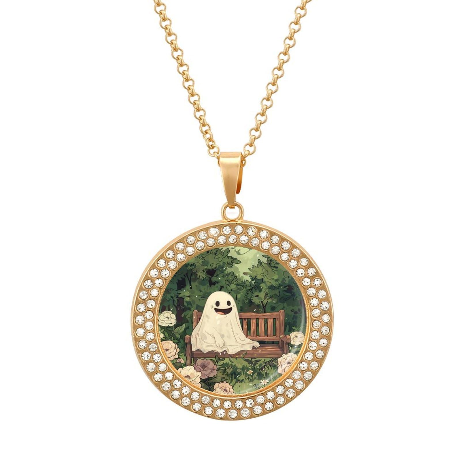 Multicolor Diamond Ghost Pendant Necklace for Women - Elegant Circle Jewelry Gift for Halloween, Cosplay & Gothic Fashion