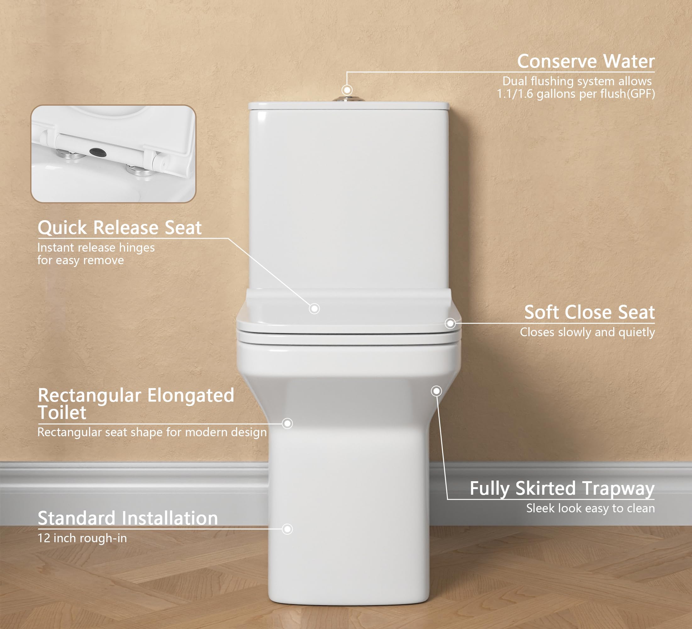 DeerValley DV-1F0071 Modern Elongated One Piece Toilet - 1.1/1.6 GPF Dual Flush, 12