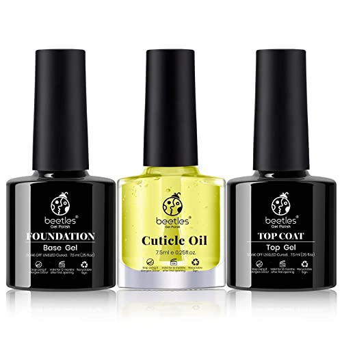 Beetles 3-Piece Gel Nail Polish Set - 7.5ml No Wipe Top Coat, Base Coat & Cuticle Oil | Long-Lasting Glossy Shine for DIY Home Manicures | Strengthens Dry, Damaged Cuticles & Nails | Works with UV/LED Nail Lamps | Perfect for Salon-Quality Nails at Home, Parties, and Special Occasions