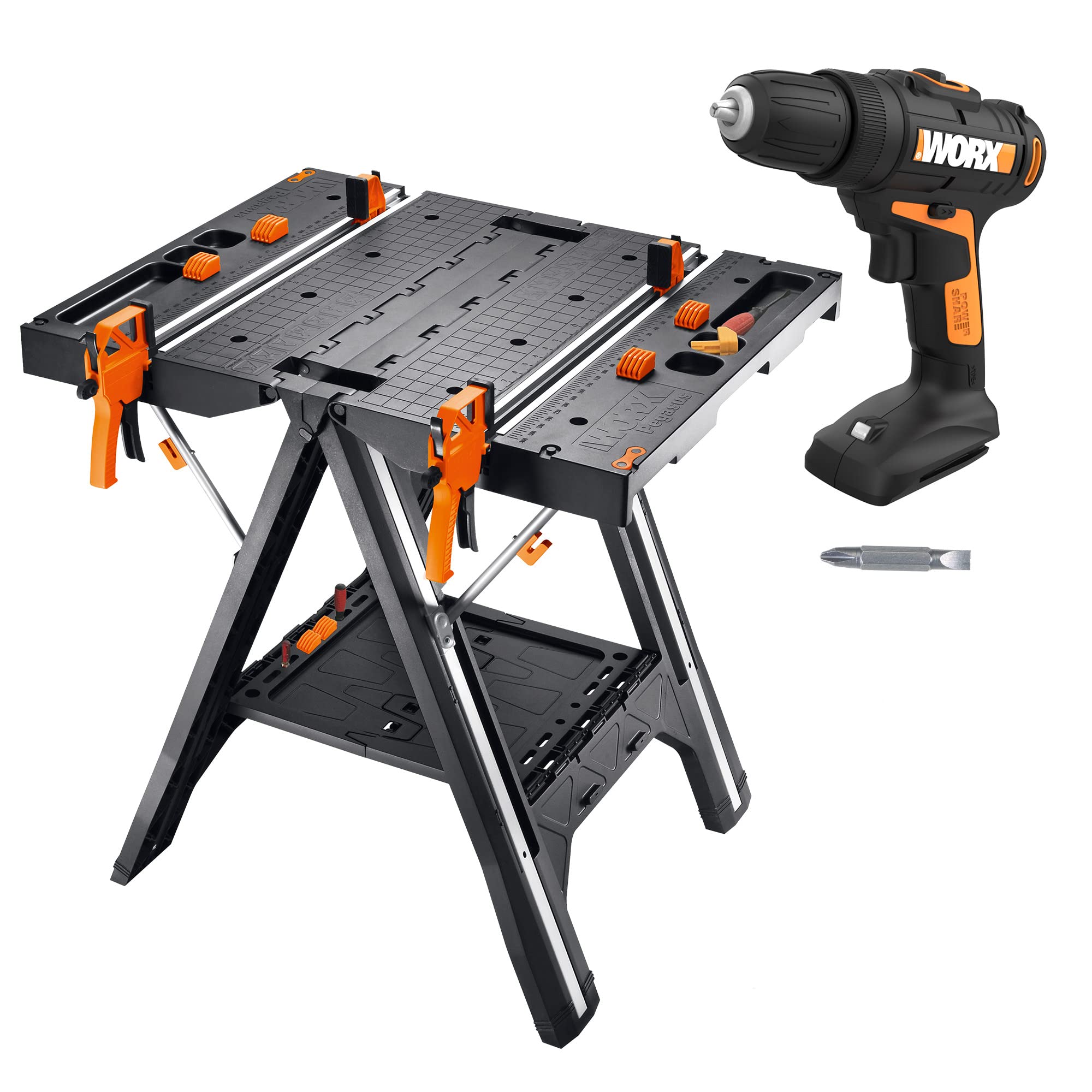 Worx Pegasus Folding Workbench & 20V Cordless Drill/Driver Combo Kit - Portable Work Support Table with Power Share Battery for DIY Projects, Home Repairs & Woodworking