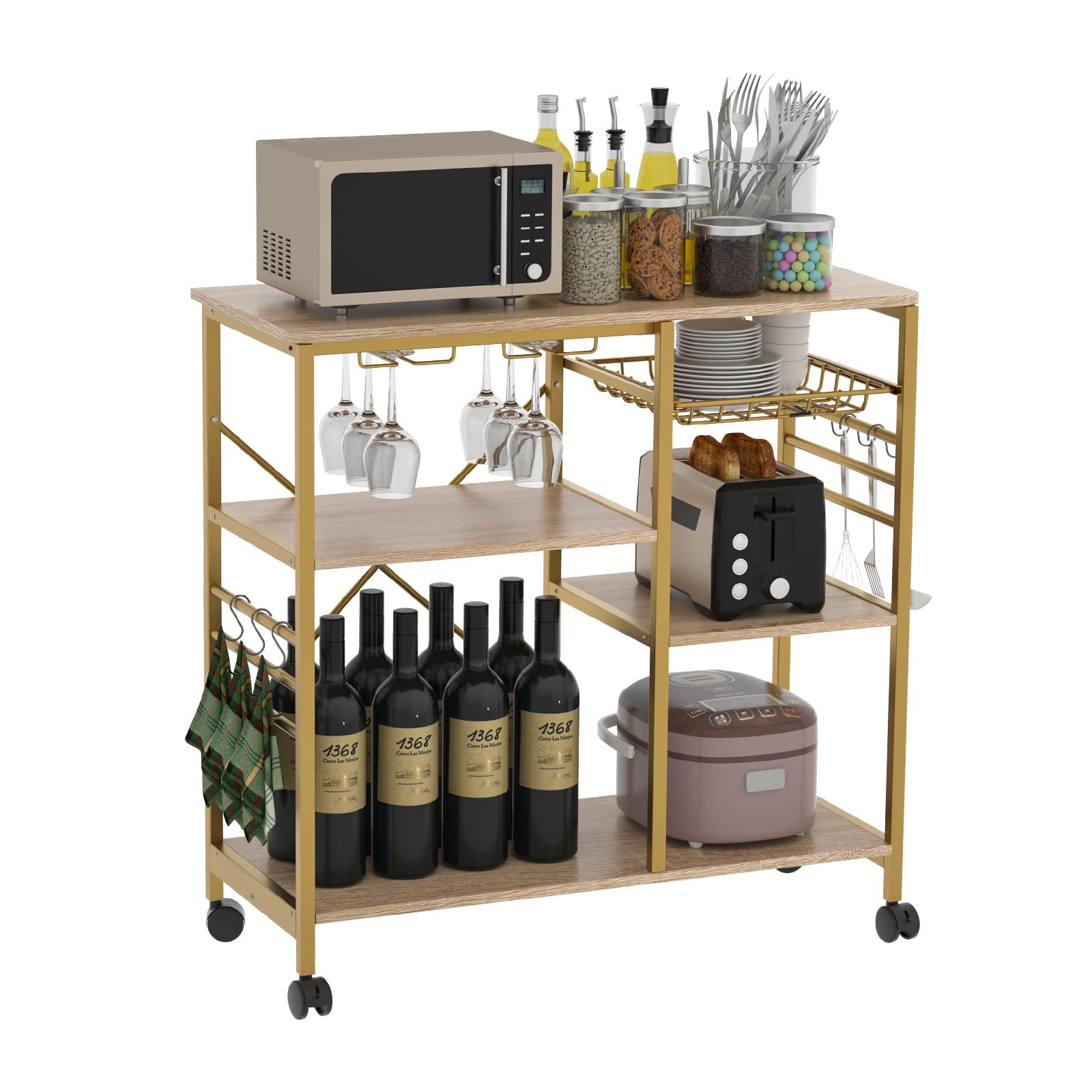 KOLESIN 3-Tier Kitchen Baker's Rack with Wheels - Free Standing Storage Shelf, Microwave Stand & Wine Glass Holder - Organizer for Spices, Pots & Pans - Perfect for Small Kitchens, Dining Rooms & Home Bars