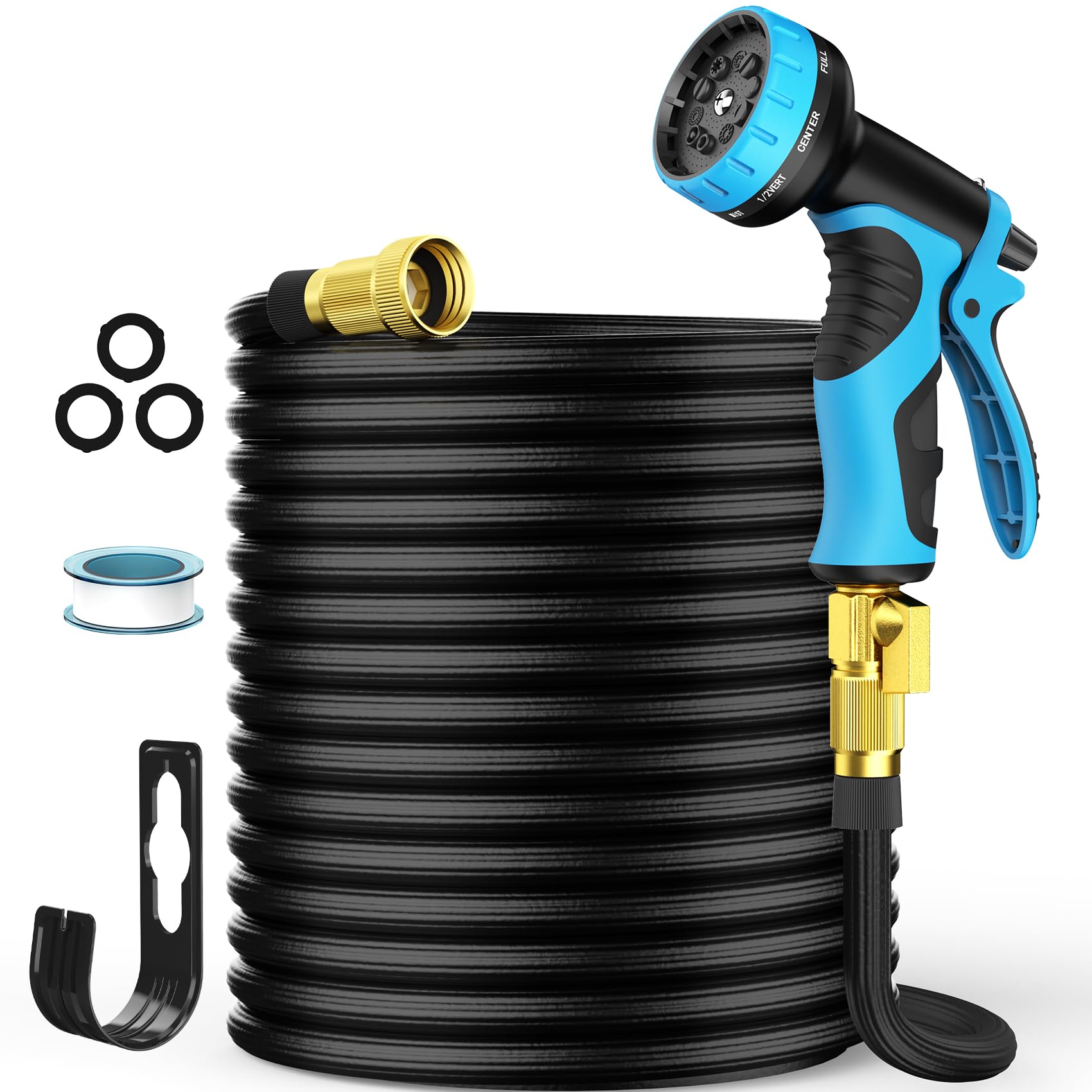 50 ft Expandable Garden Hose with 10-Function Spray Nozzle - 50 Layers Nano Rubber, 3/4