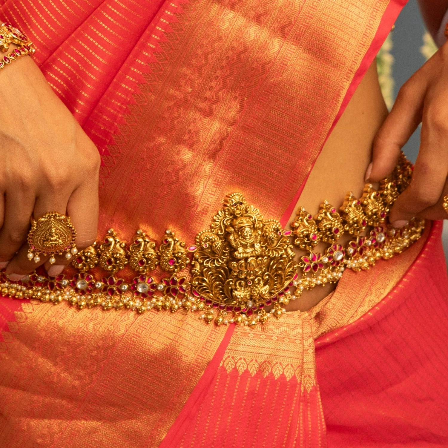 Antique Kempu Waistband for Women - Traditional Indian Waist Chain Jewelry for Belly Dance, Wedding & Festival Outfits