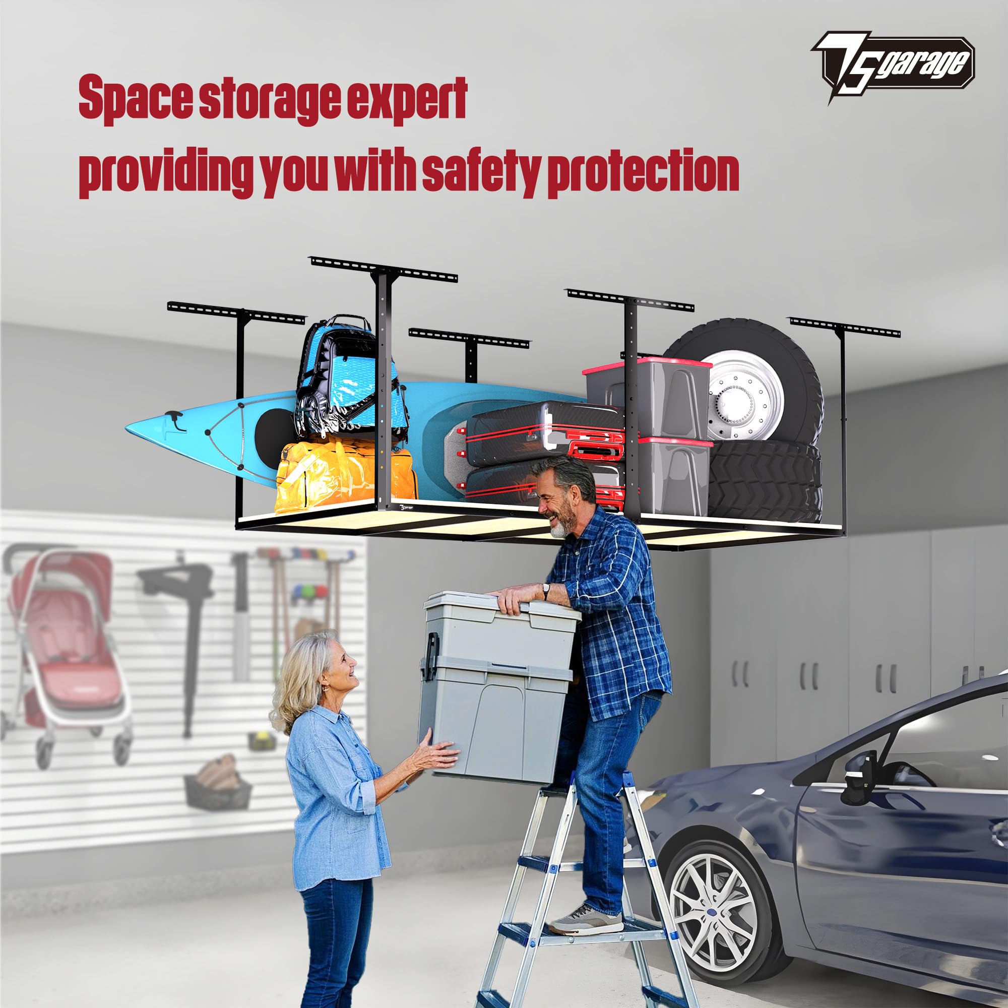4x8 Overhead Garage Storage Rack - Heavy Duty Adjustable Ceiling Organizer Without Decking, 600lbs Capacity, Easy Single Person Installation - Perfect for Garage Organization, Seasonal Storage & Home Workshop Use
