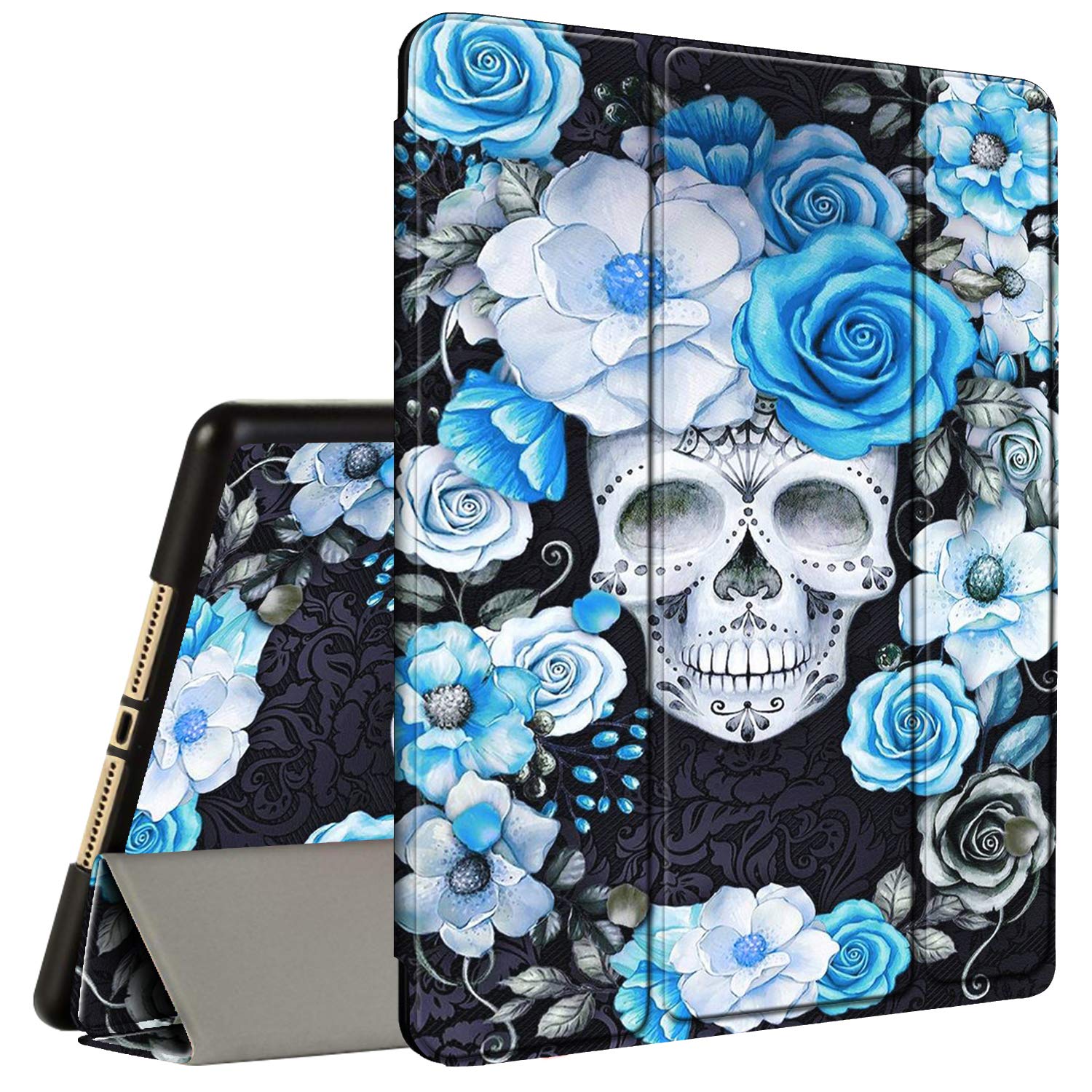Premium Shockproof iPad 9.7 Case (2017/2018 Models & iPad Air 1/2) - Tri-Fold Smart Cover with Pencil Holder & Stand - Skull with Rose Blue Design - Perfect for Work, School & Travel