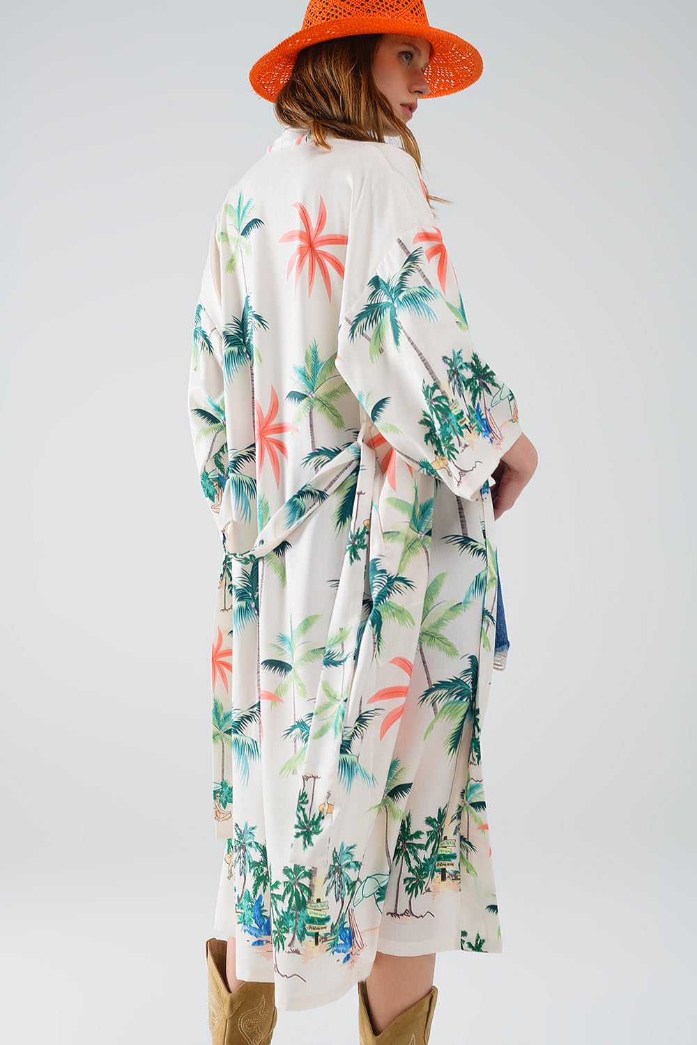 Cream Open Kimono with Beach Print - Mid-Length Boho Cover Up for Women | Perfect for Beach Vacations, Poolside Lounging & Summer Outfits