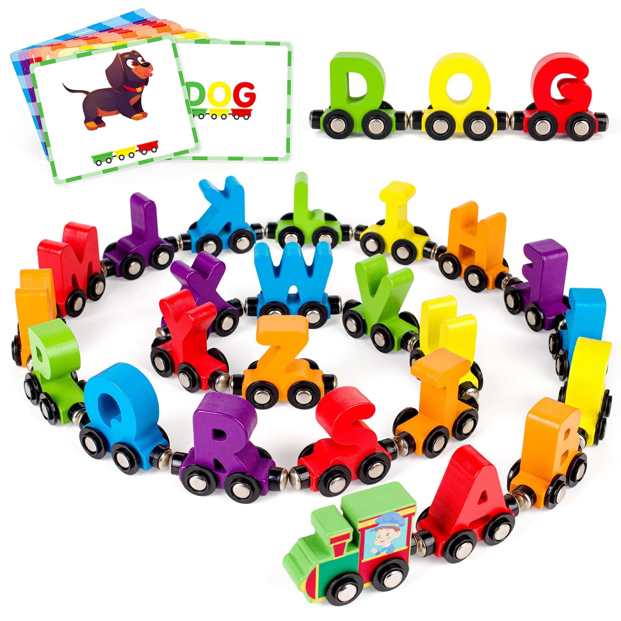 Vanmor 27 PCS Magnetic Wooden Alphabet Train Set | ABC Letter Learning Toy with 42 Flash Cards, Engine & Storage Bag | Educational Toys for Toddlers Ages 3-7 | Preschool Learning, Homeschool & Classroom Activities