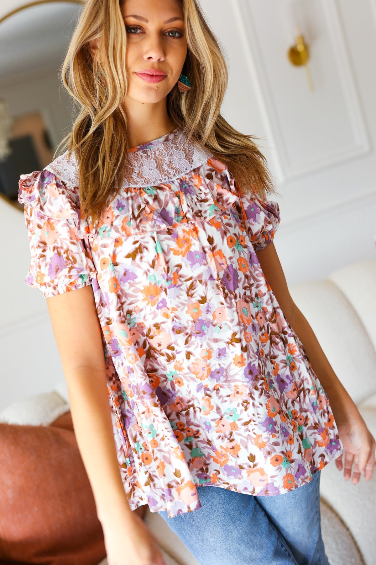 Elegant Lavender Watercolor Lace & Ruffle Woven Blouse for Women | Boho Chic Summer Tops | Perfect for Date Nights & Garden Parties