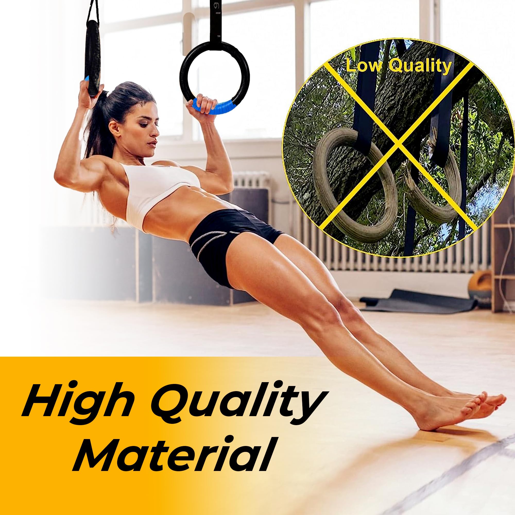 HMART Wooden Gymnastic Rings - 1600lbs Capacity with Loop Bands & 15ft Adjustable Straps - Anti-Slip Sweat-Absorbent Hand Tape - Perfect for Home Gym, Outdoor Workouts, CrossFit Training and Strength Exercises