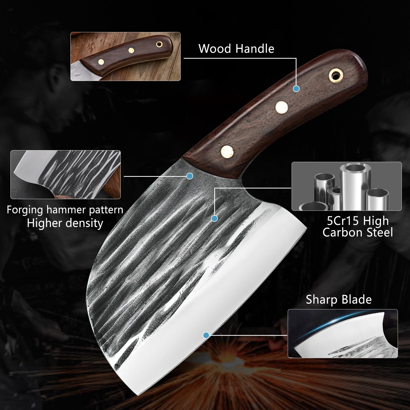 Premium 8-Piece Butcher Knife Set with Roll Bag - Professional Chef Knives for Meat Cutting, Viking Cleavers with Ergonomic Handles - Hand Forged Stainless Steel Kitchen Knife Set for Home Cooking, BBQ, Camping & Outdoor Adventures