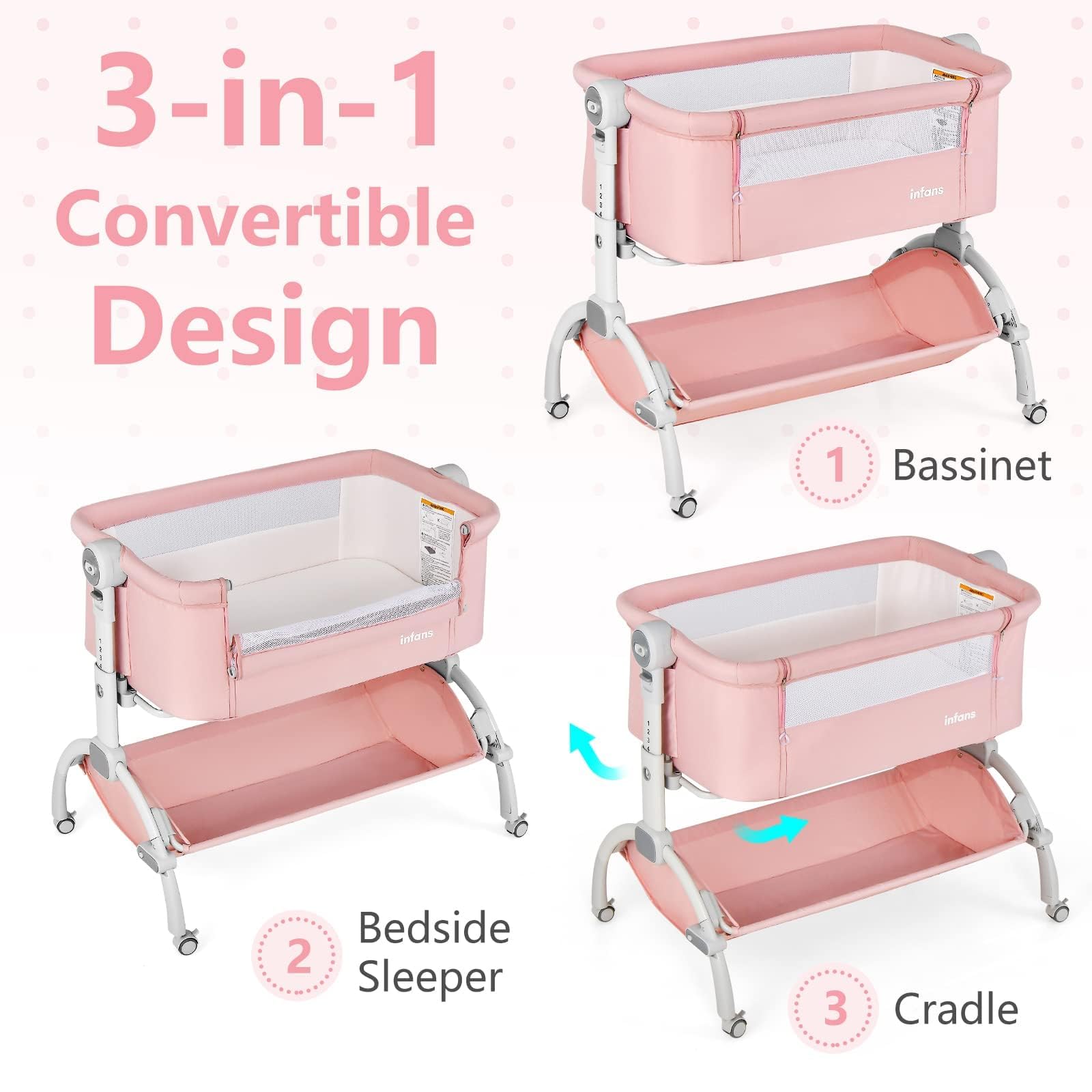 INFANS 3-in-1 Baby Bassinet & Bedside Sleeper with Adjustable Height - Portable Rocking Cradle for Newborns, Includes Wheels, Storage Basket & Travel Bag - Perfect for Nursery, Bedroom & Travel (Coral)