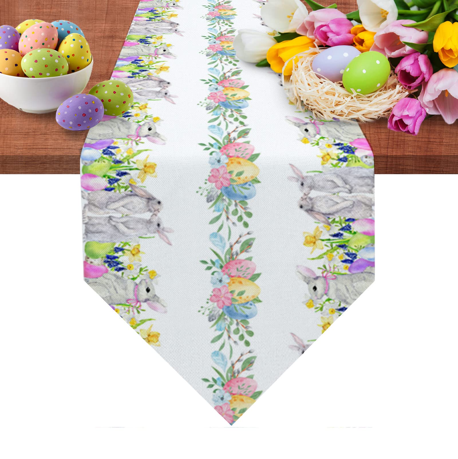 36 Inch Easter Table Runner - Cotton Linen Bunny & Egg Design, Colorful Spring Floral Watercolor Burlap Table Decor for Farmhouse Kitchen, Dining Party & Easter Celebrations