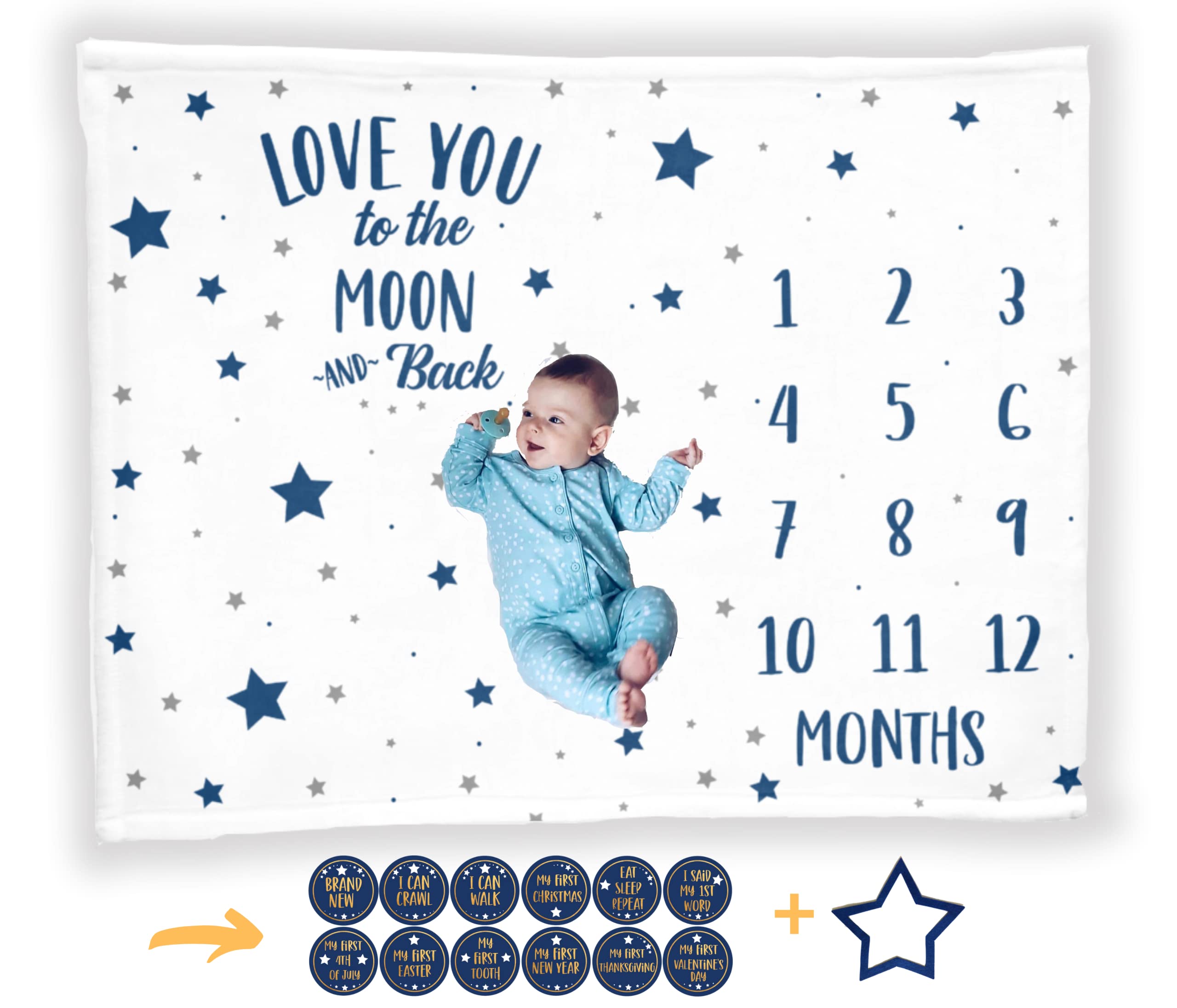 Baby Monthly Milestone Blanket with 12 Stickers - First Year Growth Tracker & Keepsake | 50